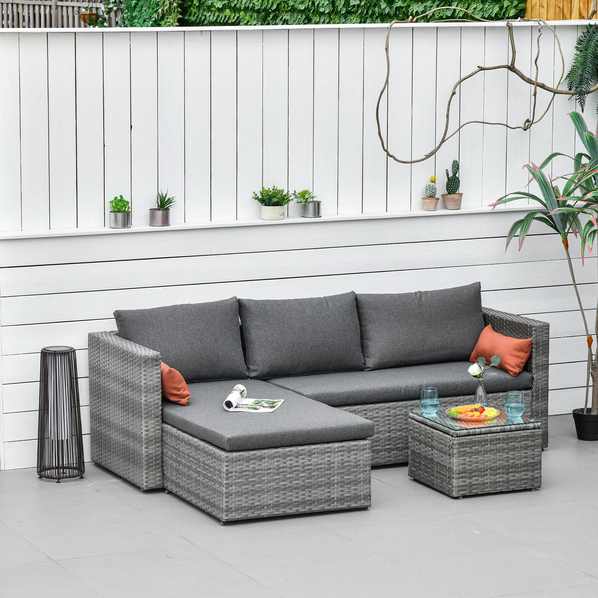 Outsunny 3 Piece Wicker Patio Furniture Set Outdoor Sectional Conversation Couch with Cushions Table Grey