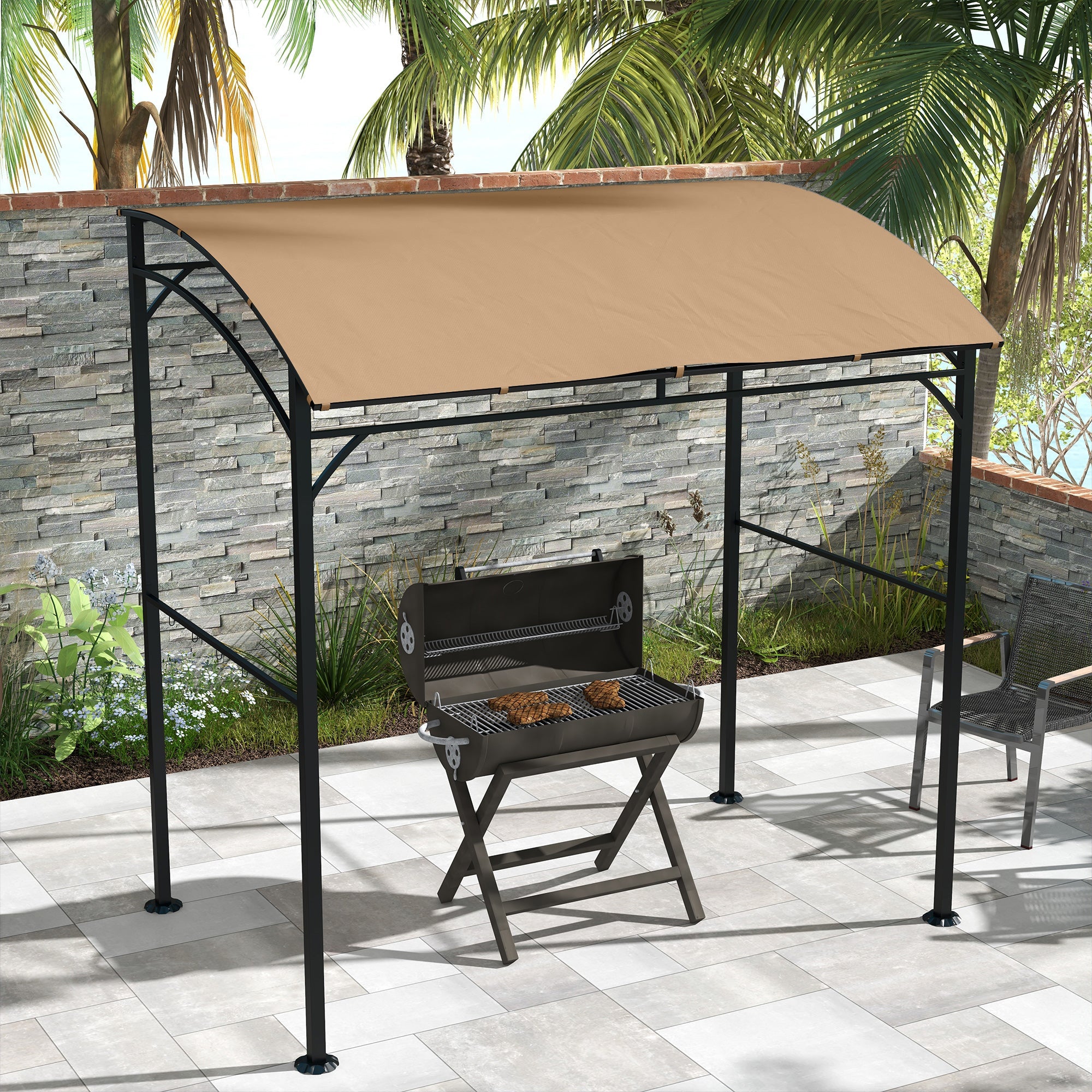 Outsunny BBQ Grill Gazebo 7'x5', Garden Grill Canopy with Steel Frame & Hooks, Outdoor Sun Shade, Dark Brown