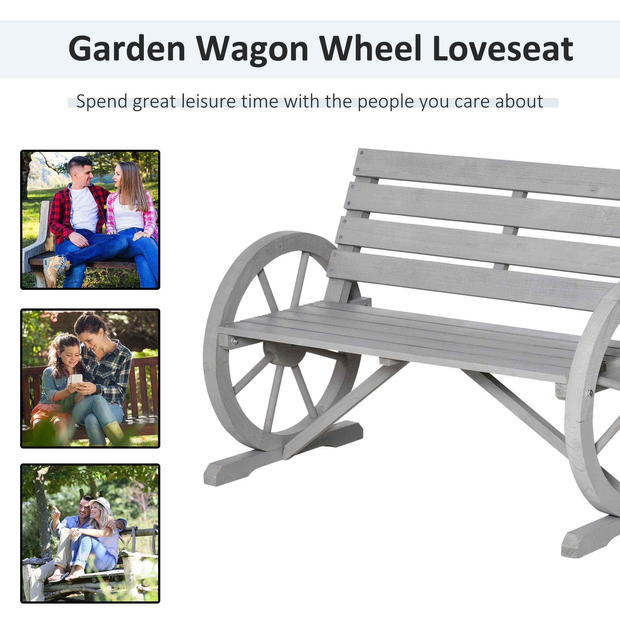 Outsunny 42" Wood Wagon Wheel Bench Rustic Garden Loveseat Outdoor Lounge Chair Grey