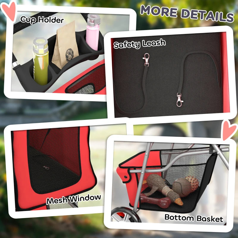 Pet Stroller with Reflective Strips, Foldable Cat Stroller with 360° Swivel Wheels for Small Dogs and Cats, Red