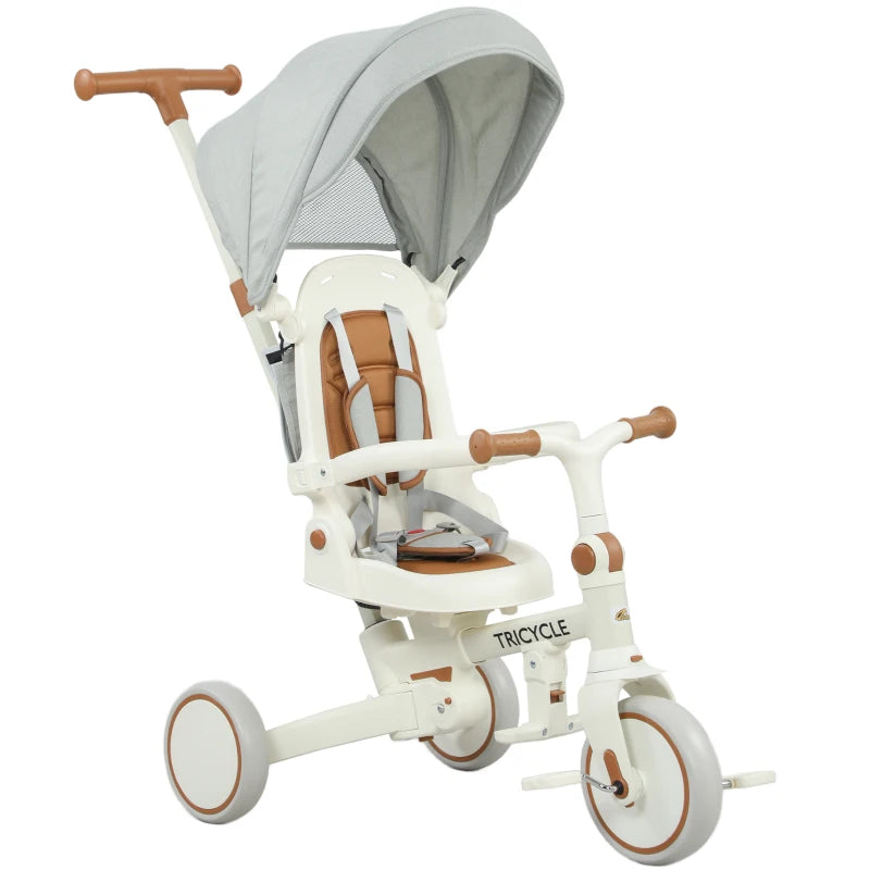 Qaba 7 in 1 Toddler Tricycle w/ Safety Harness, Adjustable & Removable Parent Handle, Canopy, Storage Bag, Brake, Cream White