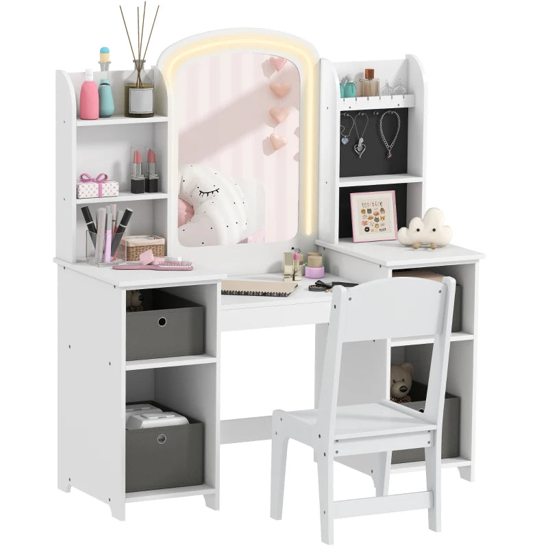 Qaba Kids Vanity Table and Chair Set, Toddler Dressing Table and Chair Set with Lighted Mirror and Storage Space for Little Girls, White