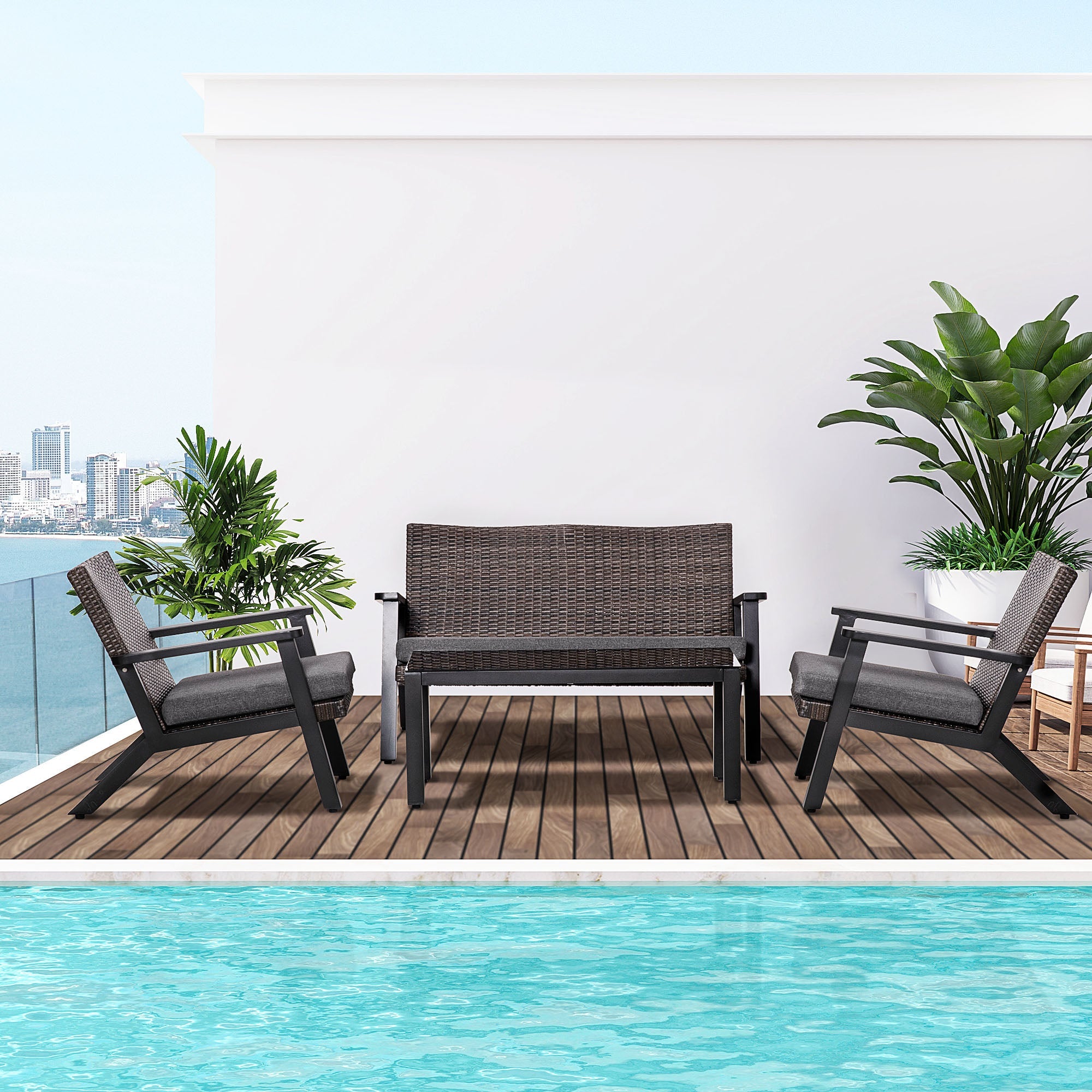 Outsunny Alfresco Elegance: 4-Piece PE Rattan Outdoor Sofa Set with Cushioned Loveseat, Coffee Table, and Tempered Glass Top