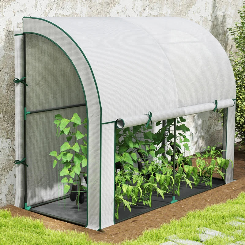 Walk-in Lean-to Greenhouse, Outdoor Gardening Green House with Zipper Roll-up Doors and Window, 7' x 3' x 5', White