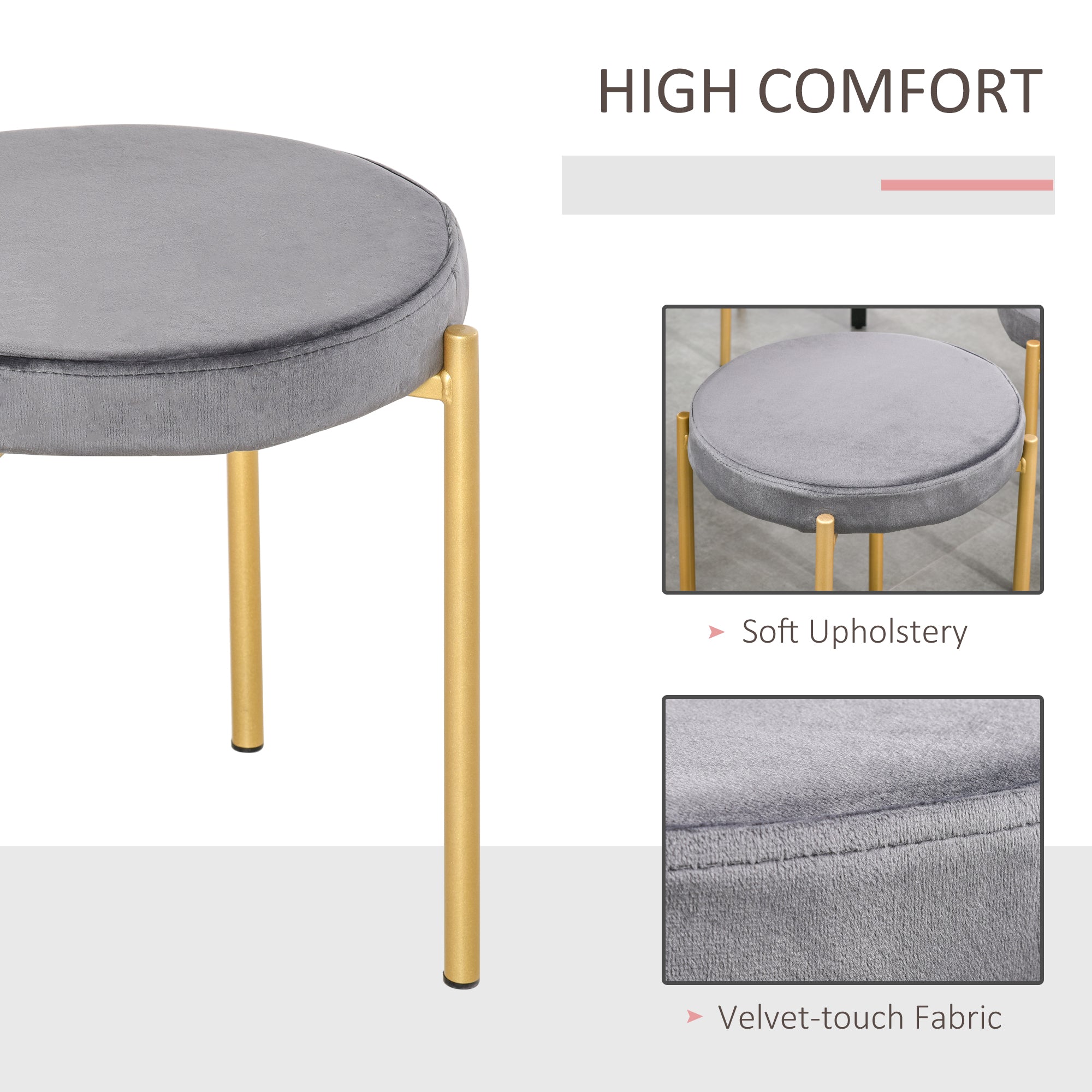 HOMCOM Stackable Dining Stools: Backless Round Velvet-Touch Stools Set of 4, Grey Finish with Metal Legs for Kitchen Accent