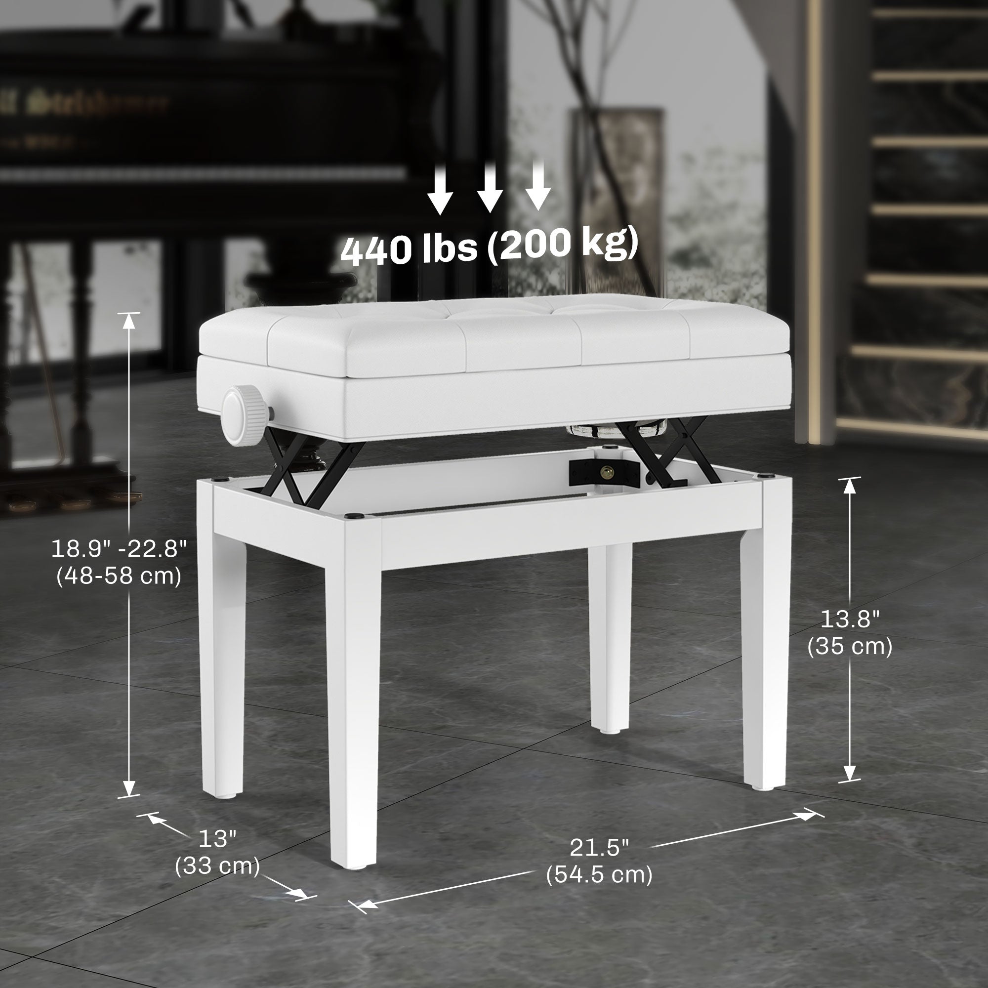 HOMCOM Adjustable Piano Bench with Storage and Soft PU Leather Padded, with Enough Music Storage Design, White