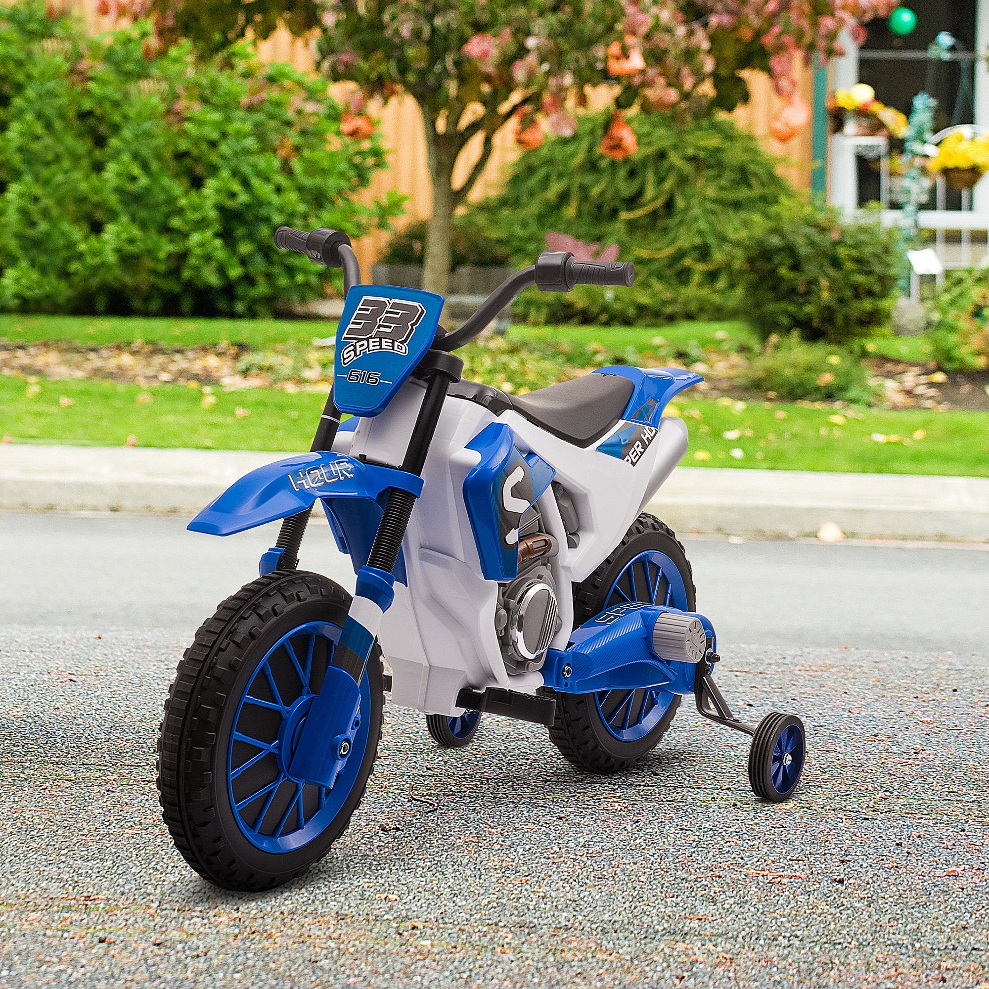 Aosom Kids Dirt Bike Electric Ride-On Motorcycle 12V Battery with Charging Training Wheels Blue