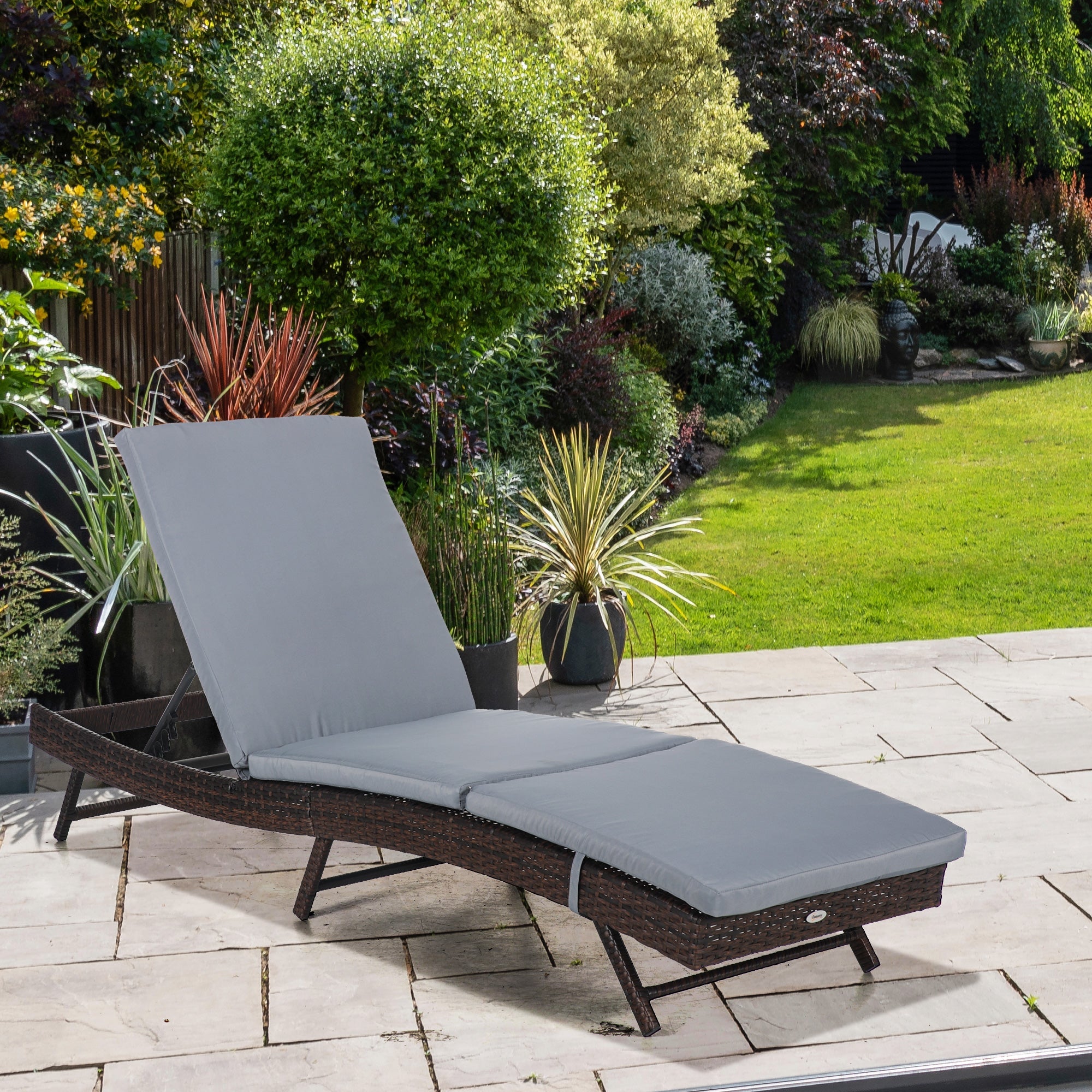 Outsunny Patio Relaxation: Outdoor Rattan Chaise Lounge Chair with 5-Position Back and Gray Cushion
