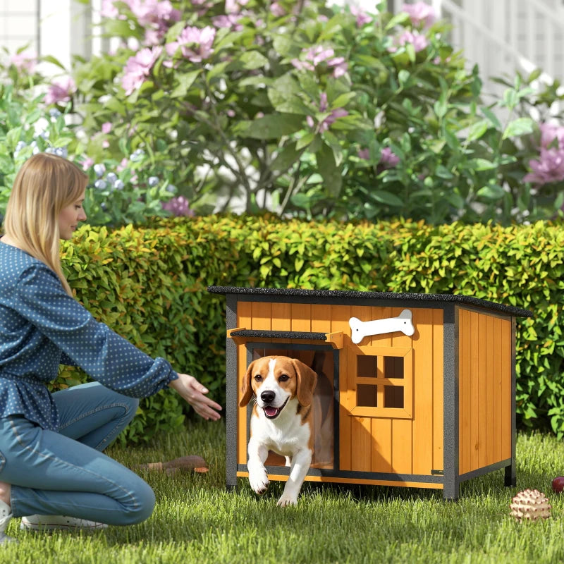 Outdoor Dog House with Anti-Chewing Steel Frame, Openable Roof, Removable Floor, Door Curtain, Yellow