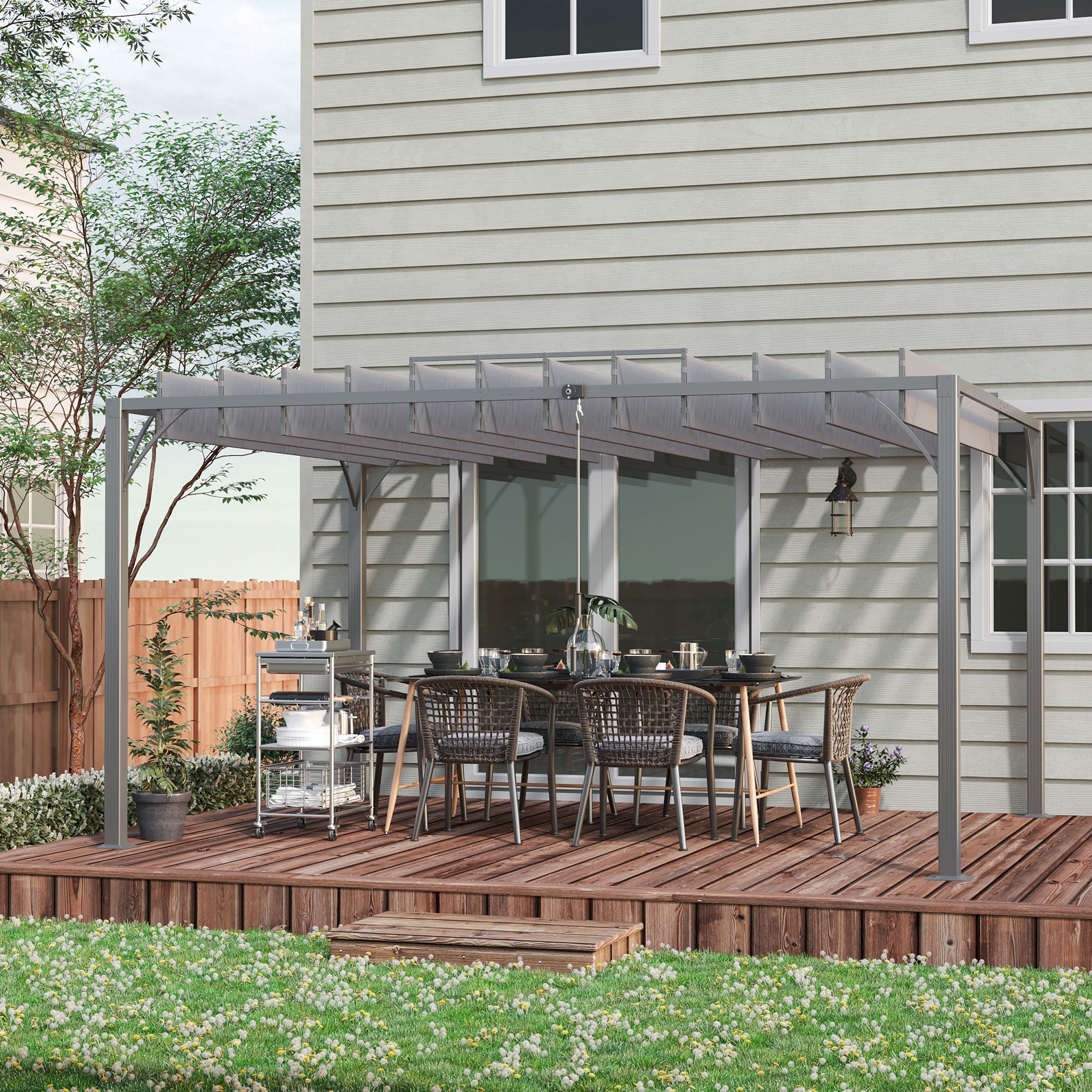 Outsunny 12.8' x 9.7' Outdoor Pergola with Retractable Roof, Aluminium Louvered Pergola Canopy Gazebo for Lawn Garden Patio, Grey