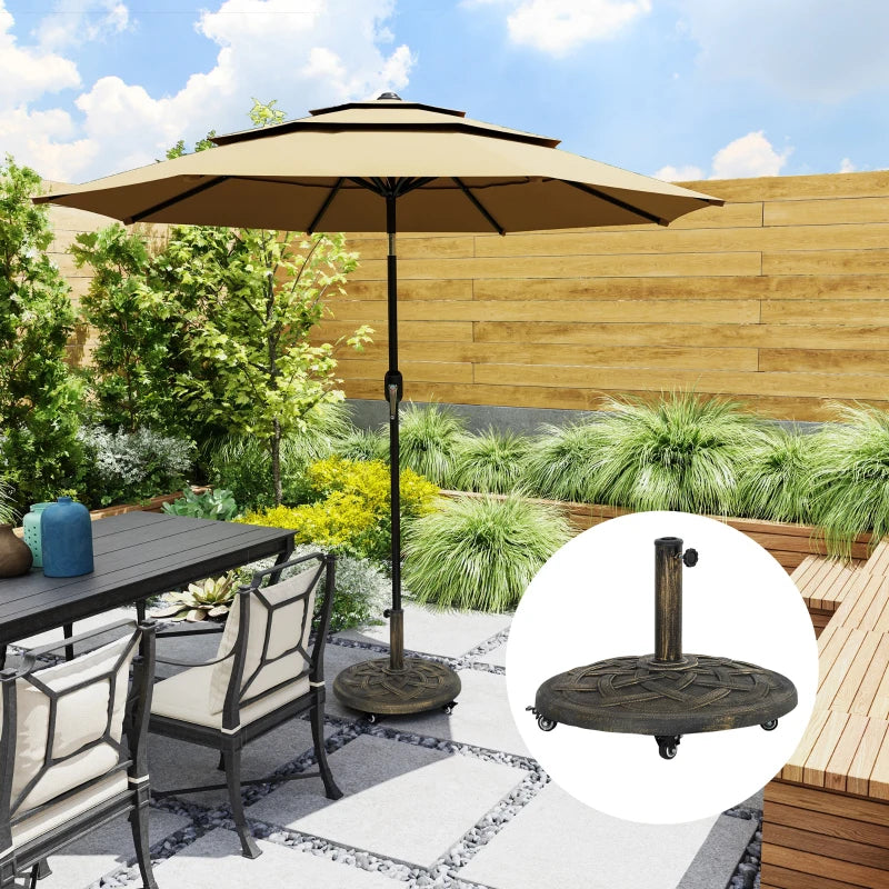 Round Patio Umbrella Base with Wheels, 44 lbs Resin Umbrella Stand Base, 1.3"/1.5"/1.9" Umbrella Poles Bronze