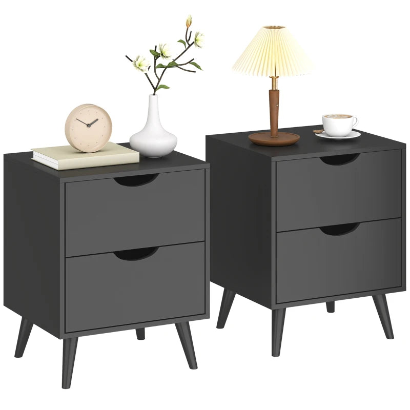 Modern Bedside Table Set of 2, Nightstand with 2 Drawers and Pine Wood Legs for Bedroom, Living Room, Black
