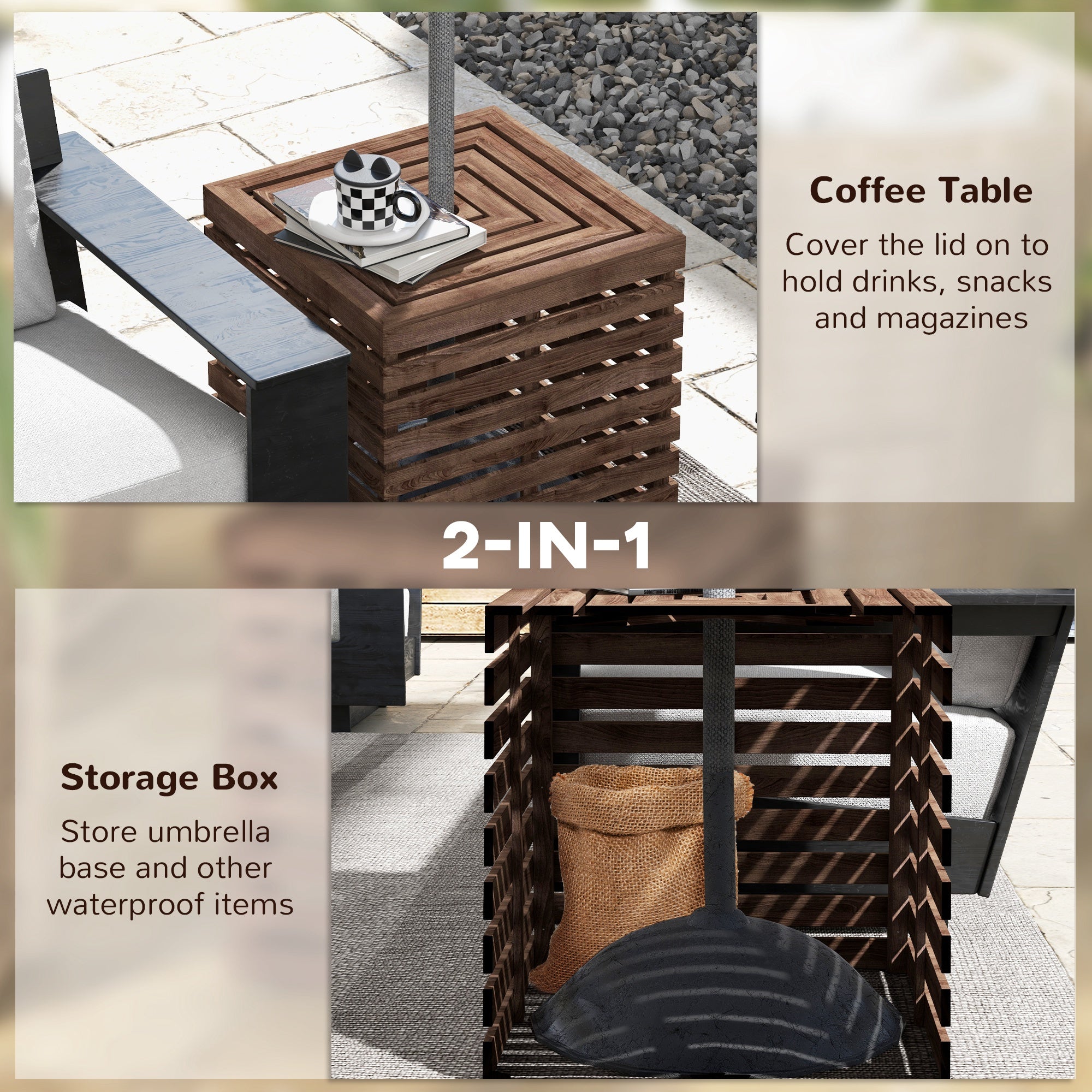 Outsunny Outdoor Umbrella Base Storage Box & Wooden Patio Side Table 2-in-1, Brown - Multifunctional Elegance for Your Patio