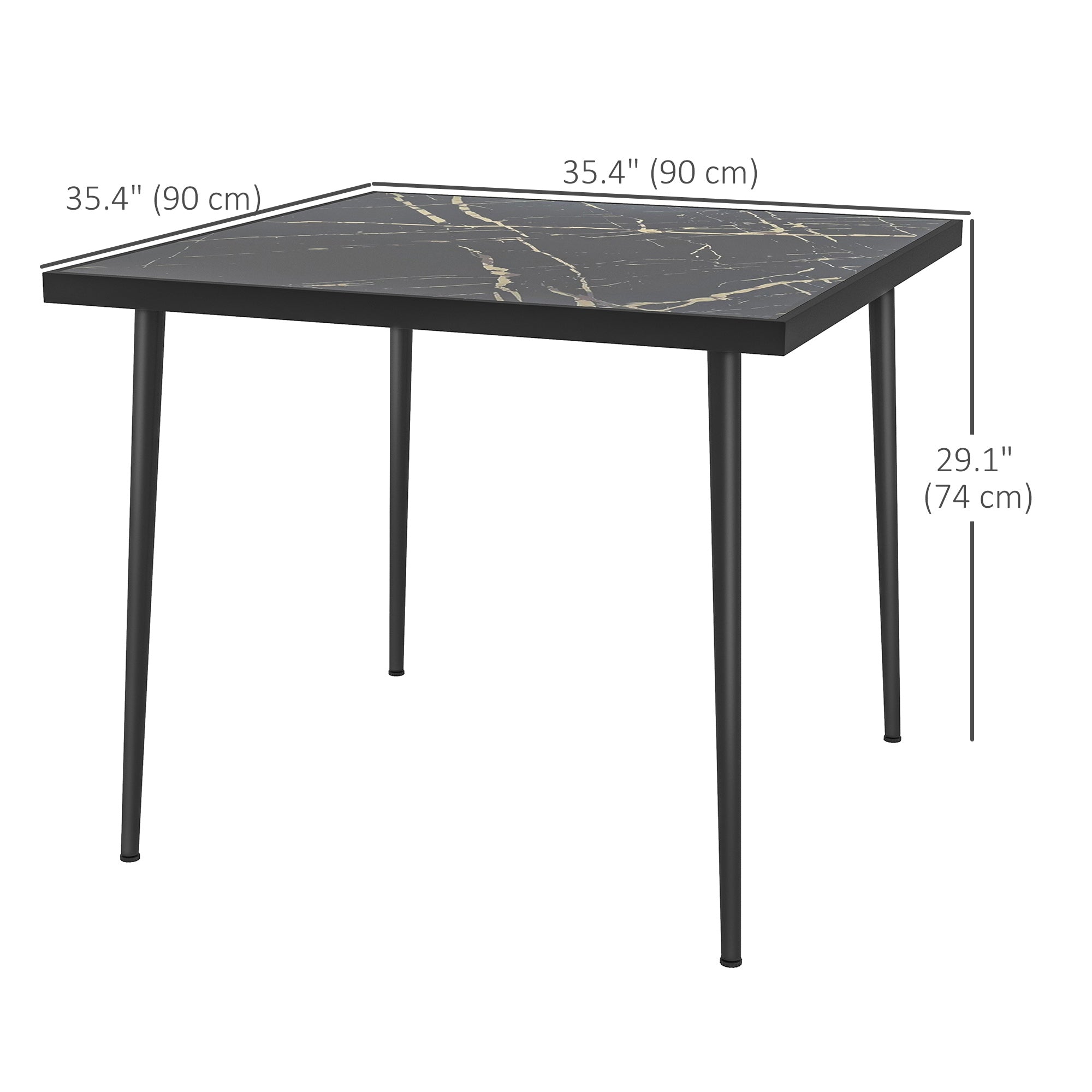 Outsunny Outdoor Dining Table for 4, Square Patio Dining Table with Marble Effect Tempered Glass Top and Steel Frame, Black
