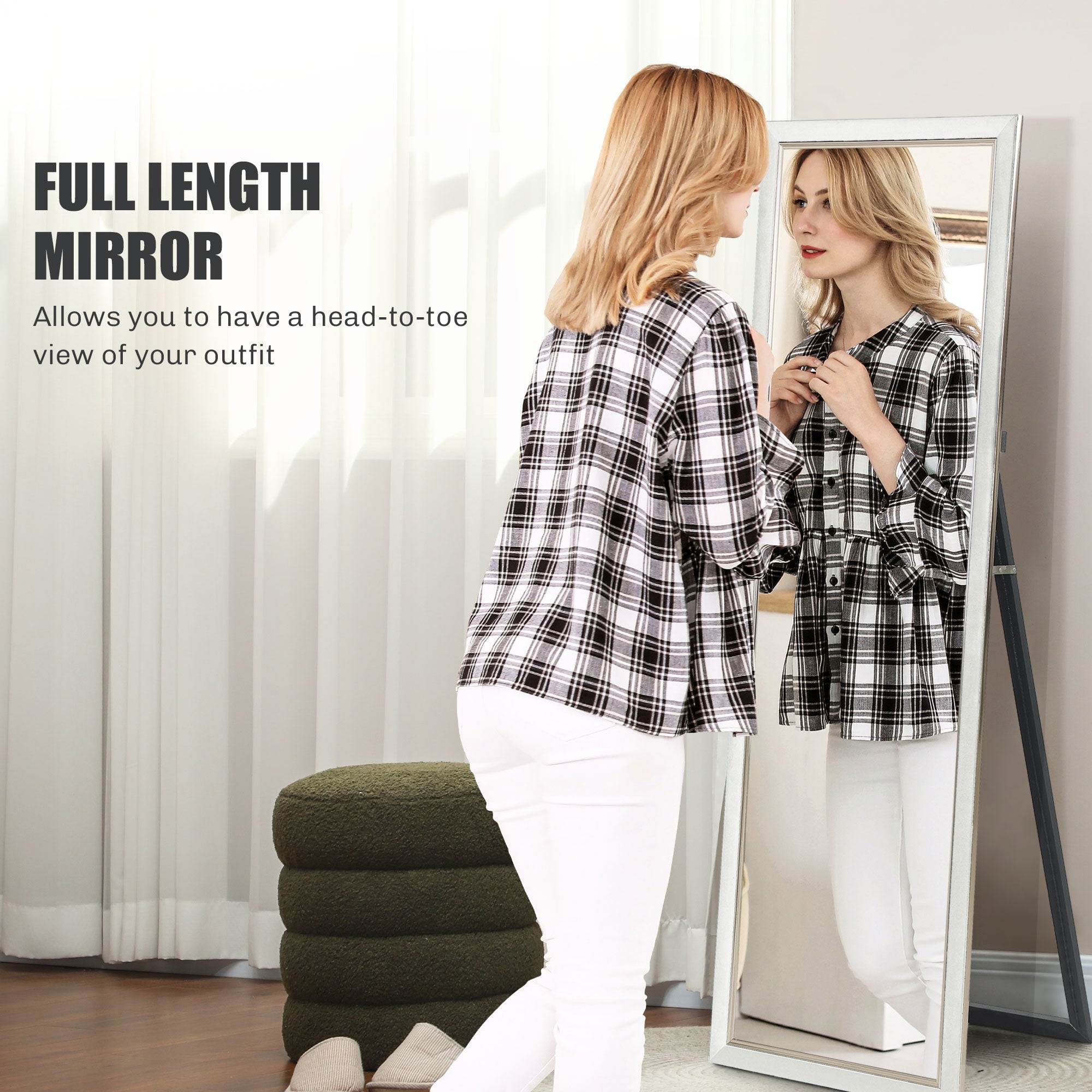 HOMCOM Floor Standing Mirror, Full Body Mirror, Free Standing, Leaning or Wall Mirror with Frame for Bedroom, White