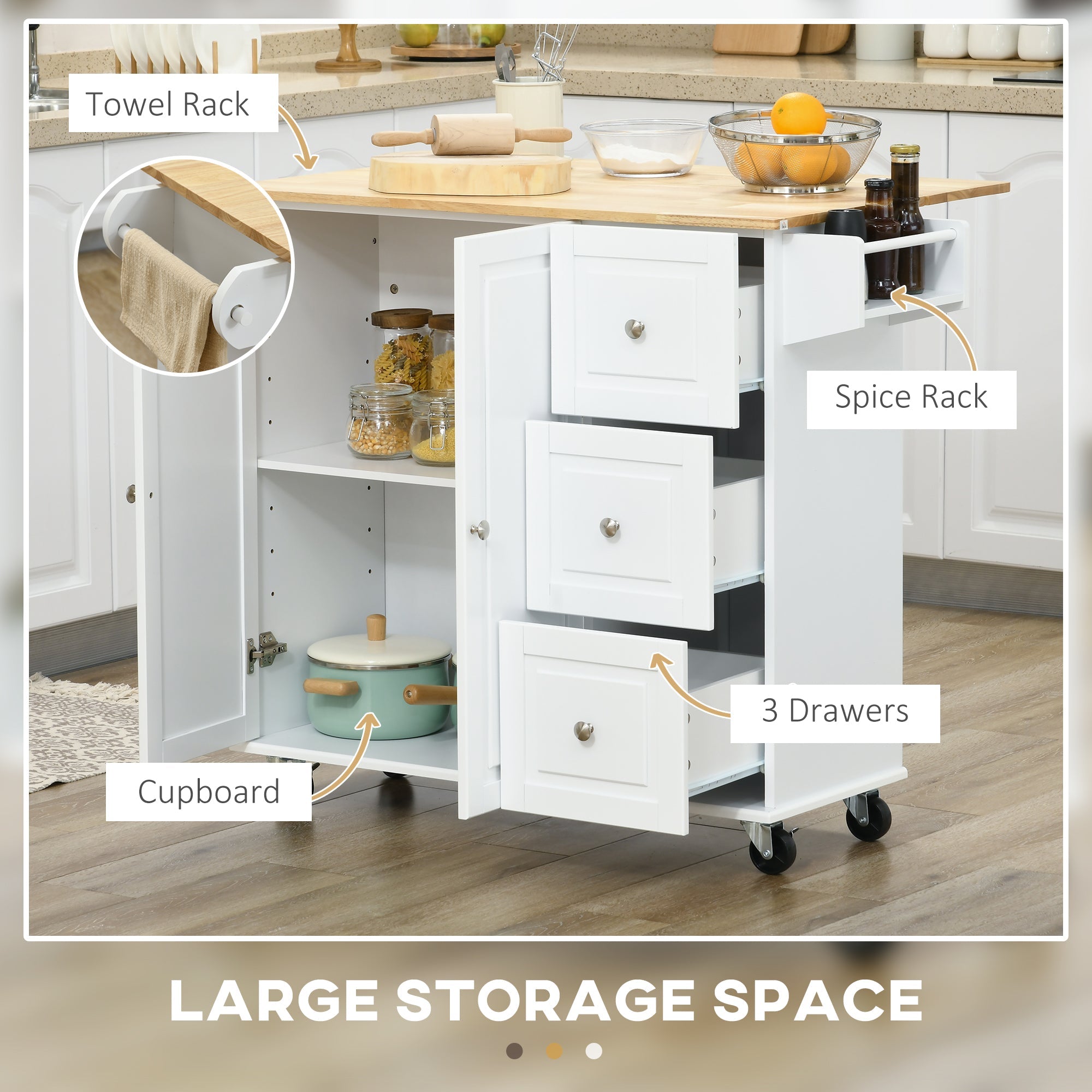 HOMCOM Rolling Kitchen Sidekick: White Island Cart with Drop Leaf, 3 Drawers, Spice Rack, Towel Rack, Natural Wood Top