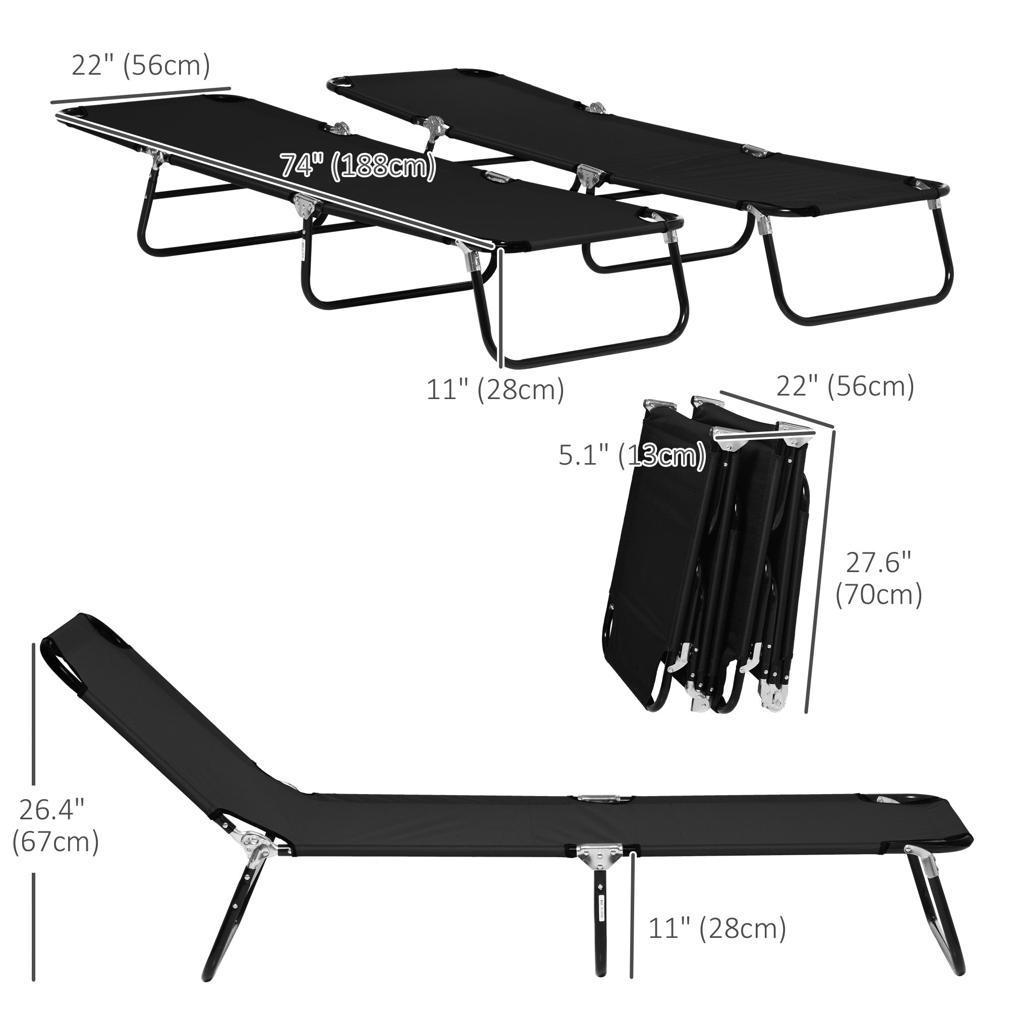 Outsunny Set of 2 Folding Outdoor Lounge Chair, Sun Tanning Chairs with Reclining Back, Breathable Mesh for Beach Patio, Black