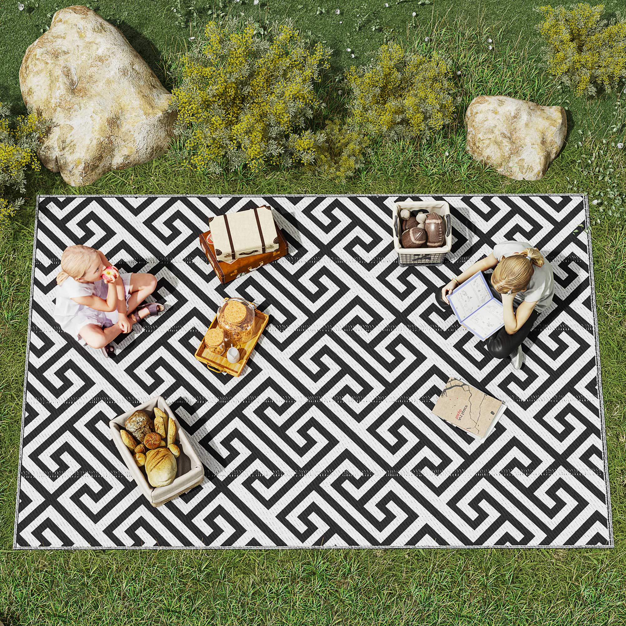 Outsunny 6' x 9' Reversible RV Outdoor Rug Black White Plastic Straw Mat for Beach Deck Backyard Camping