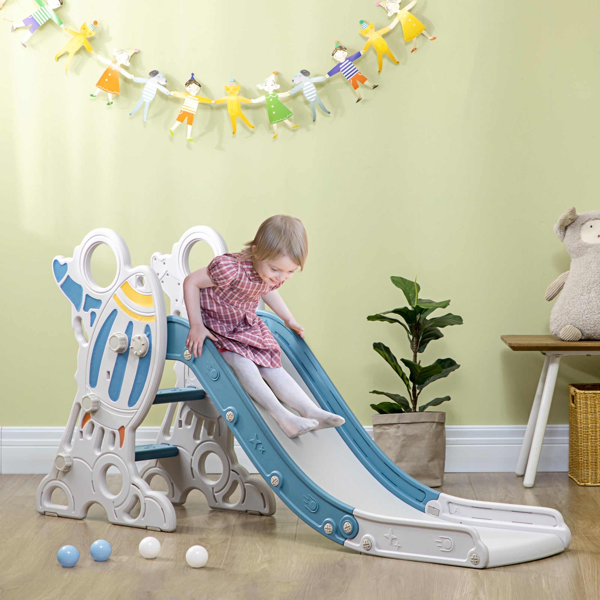 Qaba Space Theme Toddler Slide Indoor Climber Playset Kids 1.5-3 Years Blue Playground Equipment