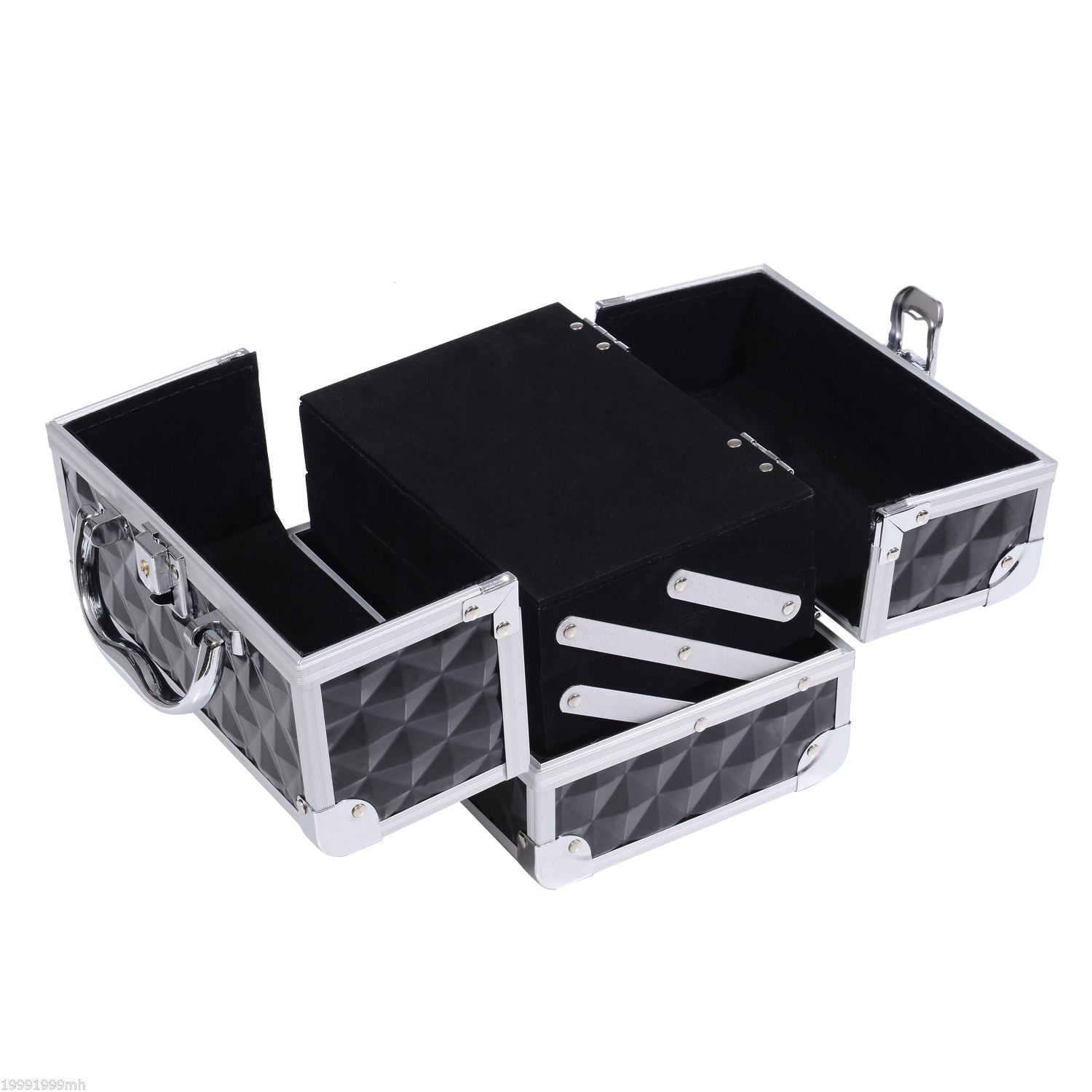 HOMCOM Cosmetic Train Case 3 Tier Diamond Texture Organizer with Mirror Portable Black 8"x6"x6"