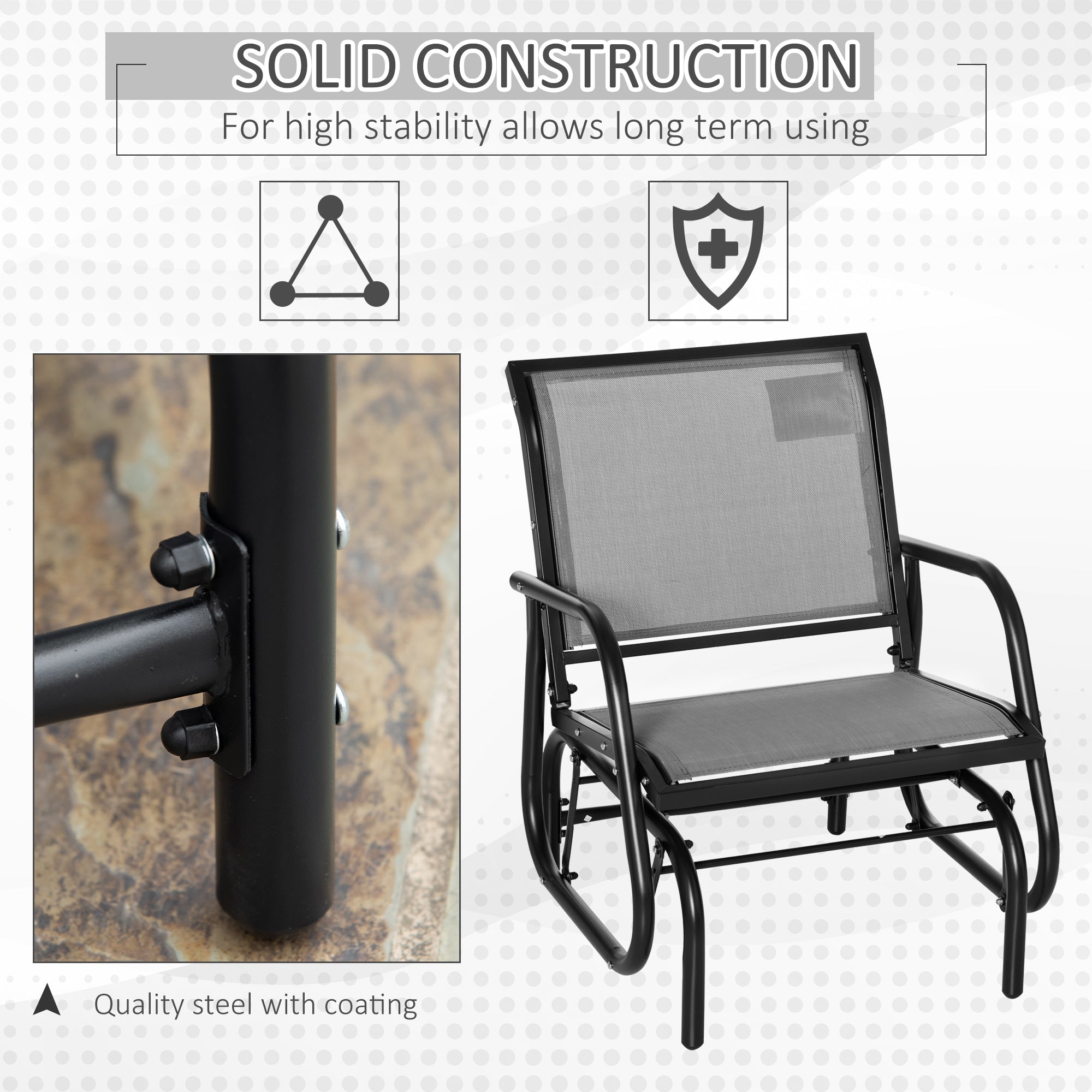 Outsunny Steel Frame Outdoor Glider Swing Chair with Breathable Mesh Seat Backrest and Curved Rocking Arms in Light Grey