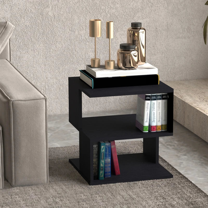 Modern Square 3 Tier Wood Coffee Side Table Storage Shelf Rack End Table Home Office Living Room Small Desk Black
