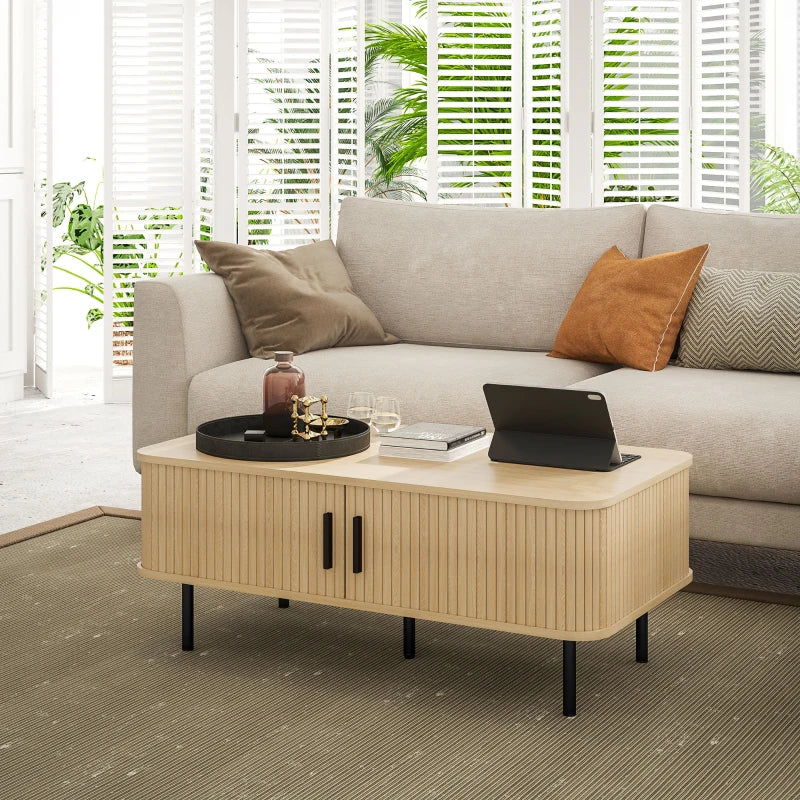 Coffee Table with Storage, Nordic Side Table with Fluted Tambour Sliding Doors and Steel Legs for Living Room, Oak