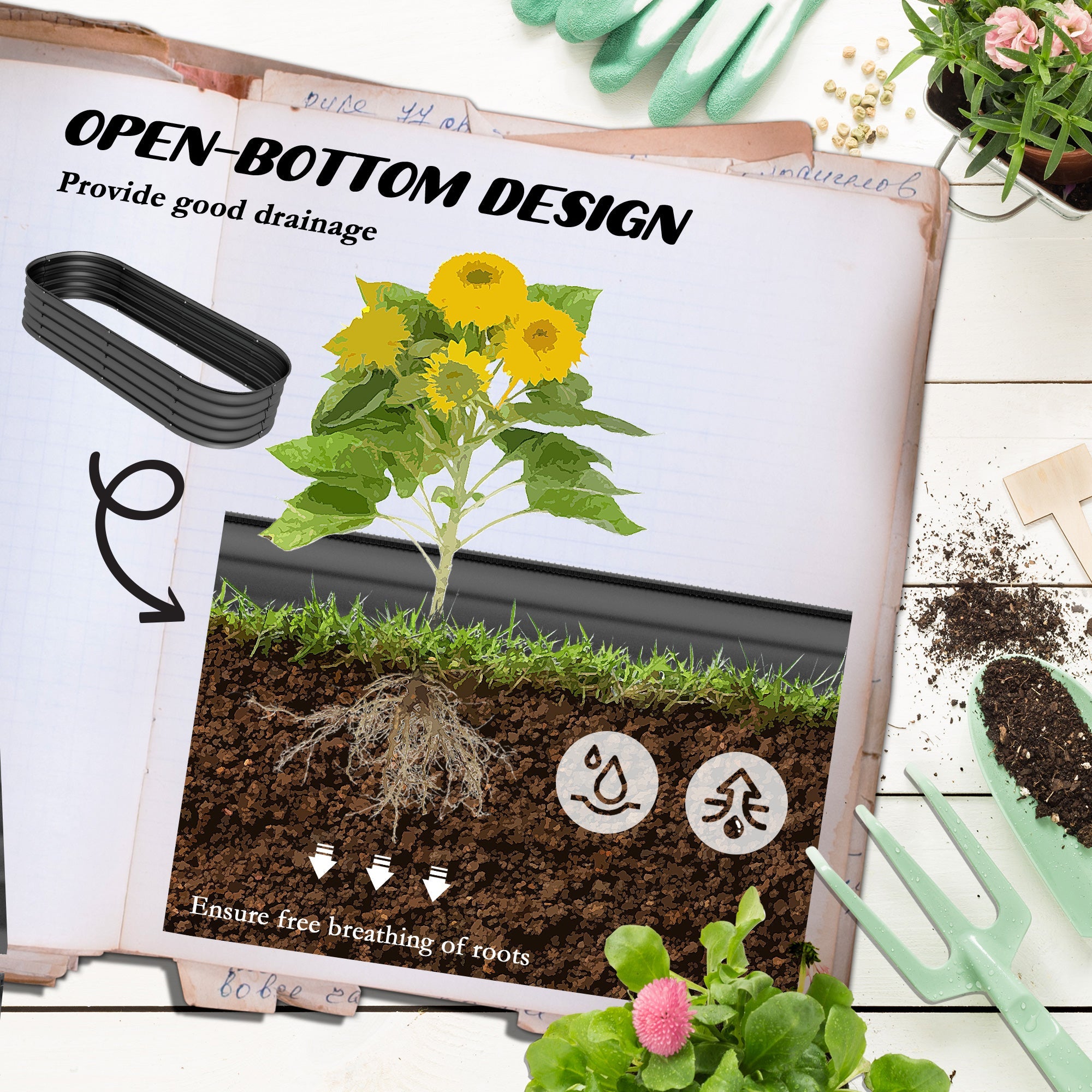 Outsunny 4.9 x 2 x 1ft Galvanized Raised Garden Bed Kit, Metal Planter Box with Safety Edging, Dark Grey