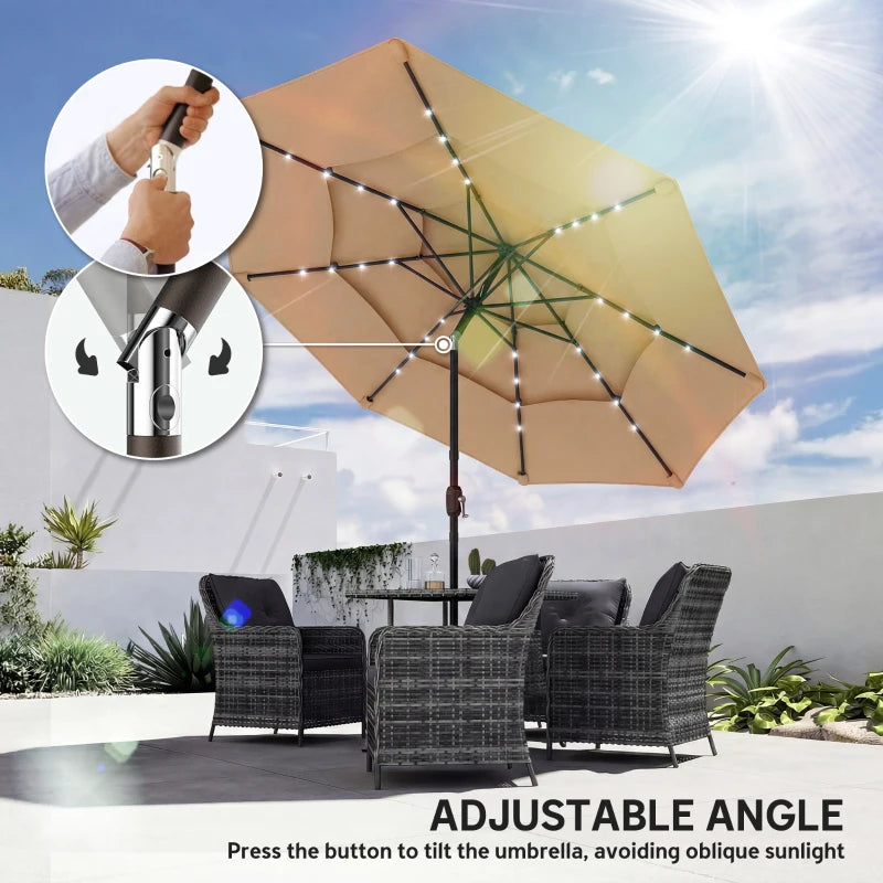 9.3 ft Patio Umbrella with Solar LED Lights, Cover, 3 Tier Outdoor Market Table Parasol with Tilt, Crank, Khaki