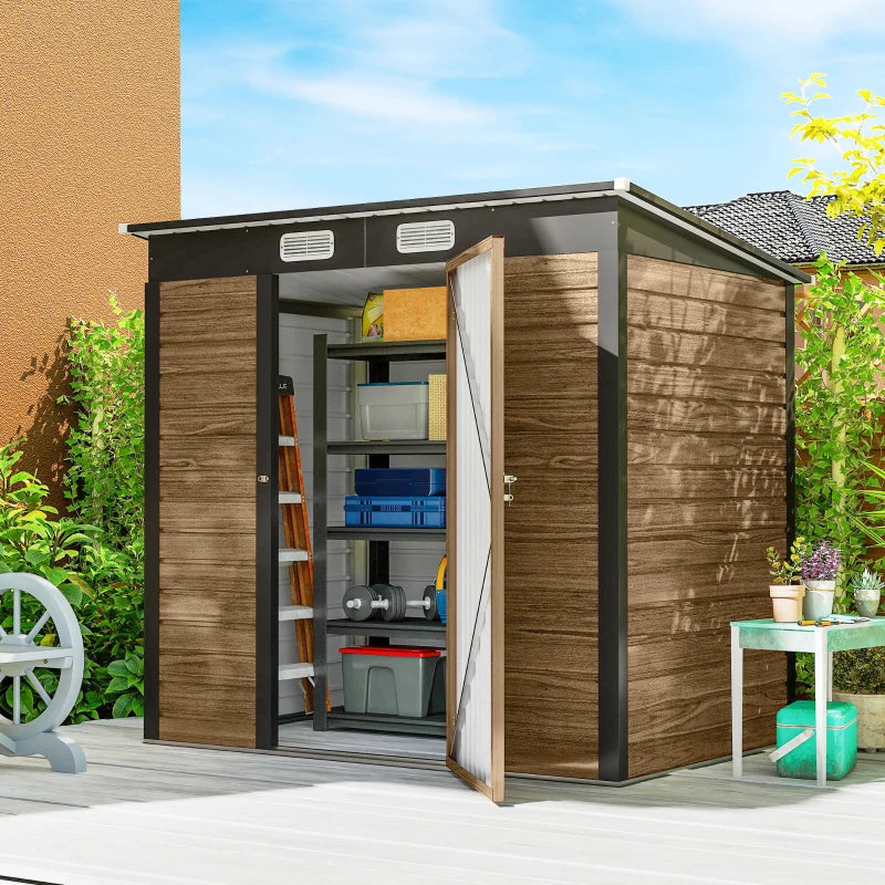 6' x 4' Galvanized Garden Storage Shed, Metal Outdoor Shed with Double Doors and 2 Vents, Teak