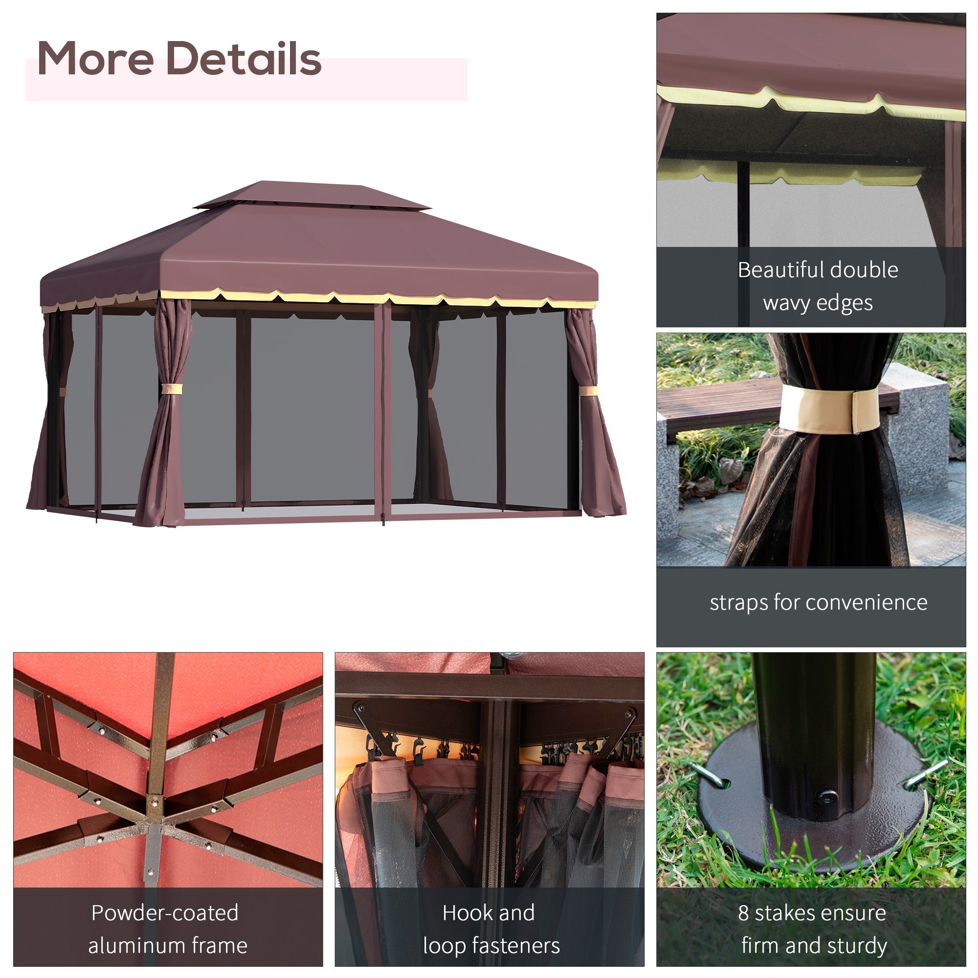 Outsunny Aluminum Frame Gazebo Canopy 10x13ft Double Tier Garden Shelter with Netting Curtains Coffee