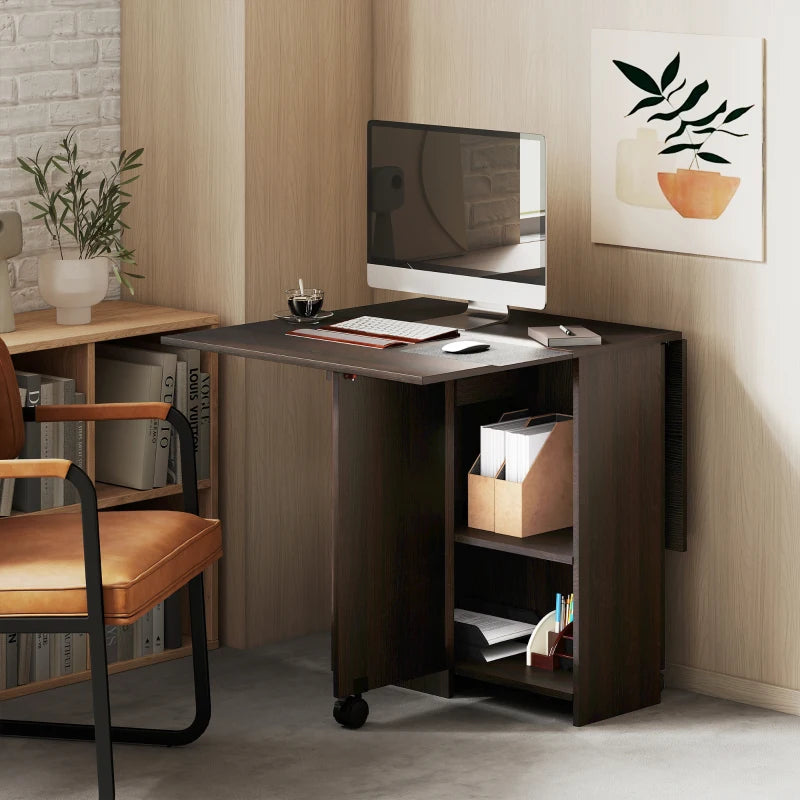 Folding Dining Table, Space Saving Drop Leaf Table with Drawer and Storage Shelves for Kitchen, Dining Room, Dark Brown