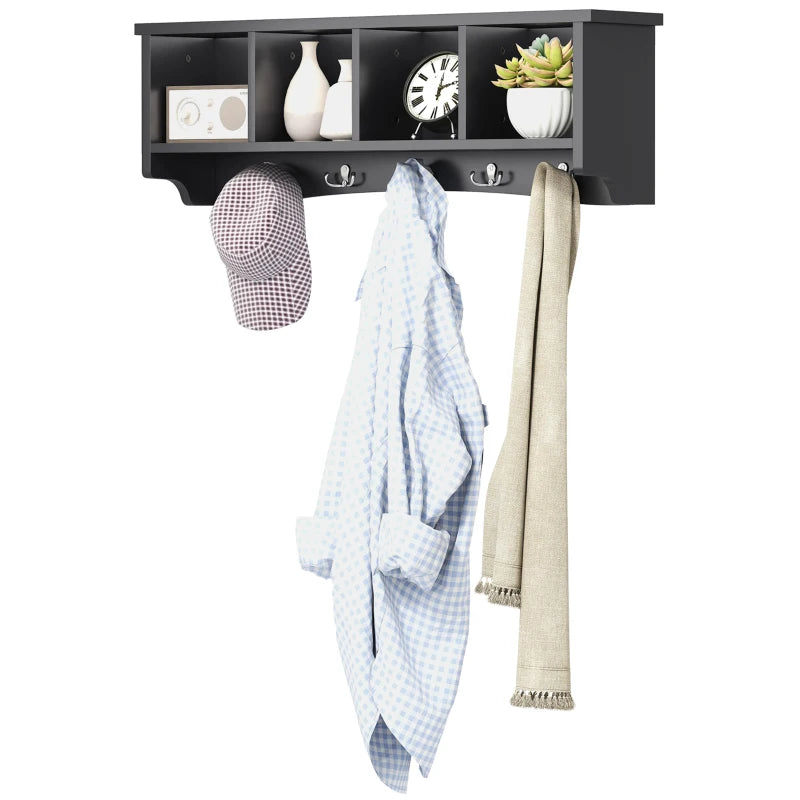 Coat Rack Wall Mount with Shelf, 28" Wall Coat Rack with 5 Hooks and 4 Compartments for Living Room, Entryway, Black