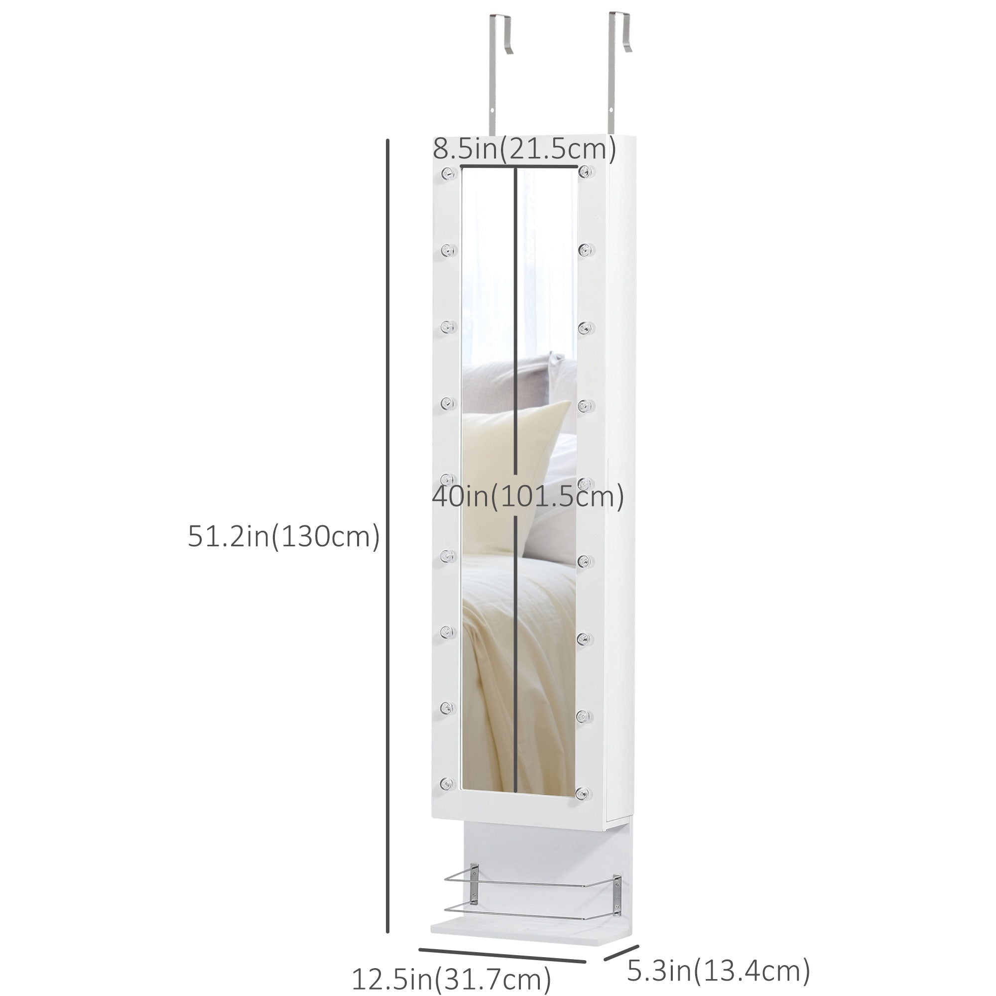 HOMCOM Wall-Mounted Jewelry Armoire: With LED Lights, Over-The-Door Mirror Storage Shelves