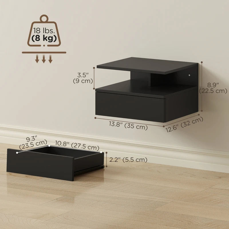 Floating Nightstand Set of 2, Wall Mounted Bedside Table with Drawer and Shelf, Small Night Stand for Bedroom, Black