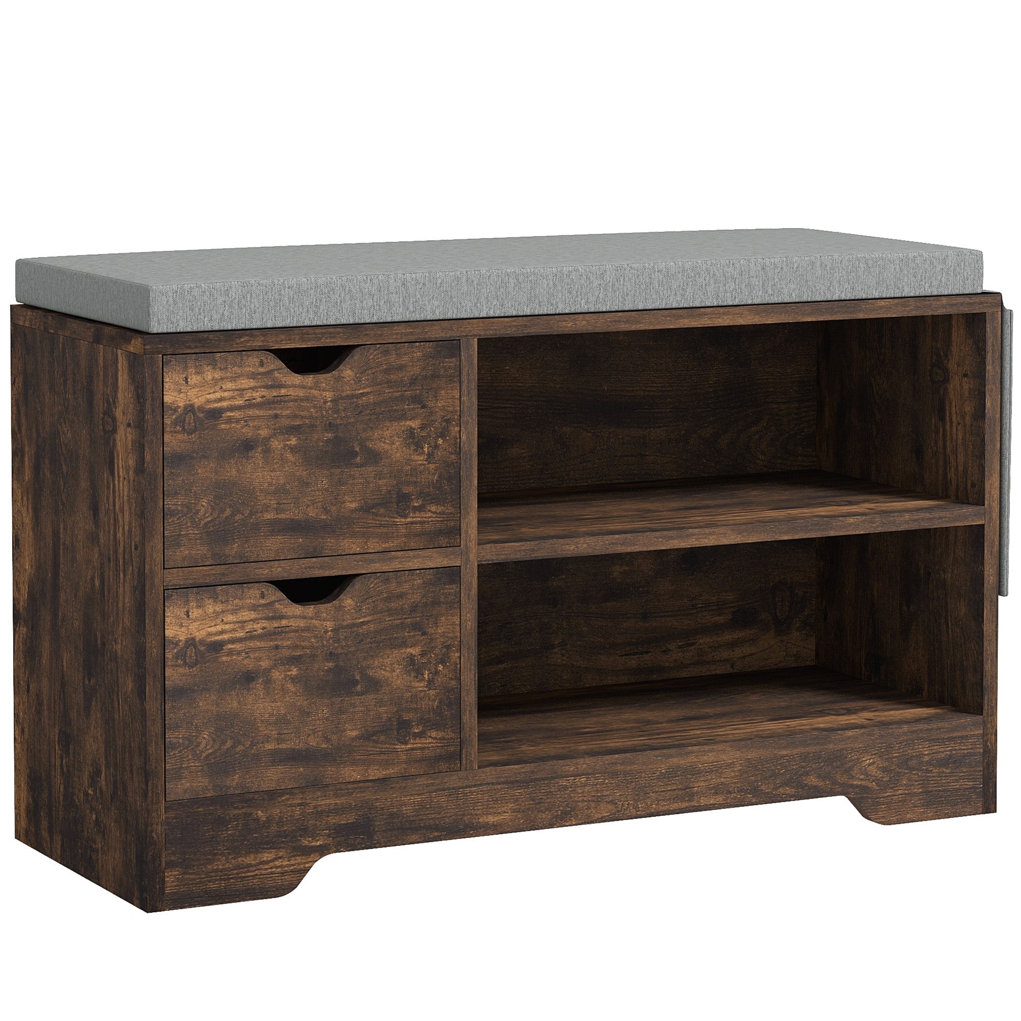 HOMCOM Upholstered Shoe Storage Bench w/ Seat, Entrance Bench w/ Drawer Open Shelves and Pocket for Hallway, Rustic Brown