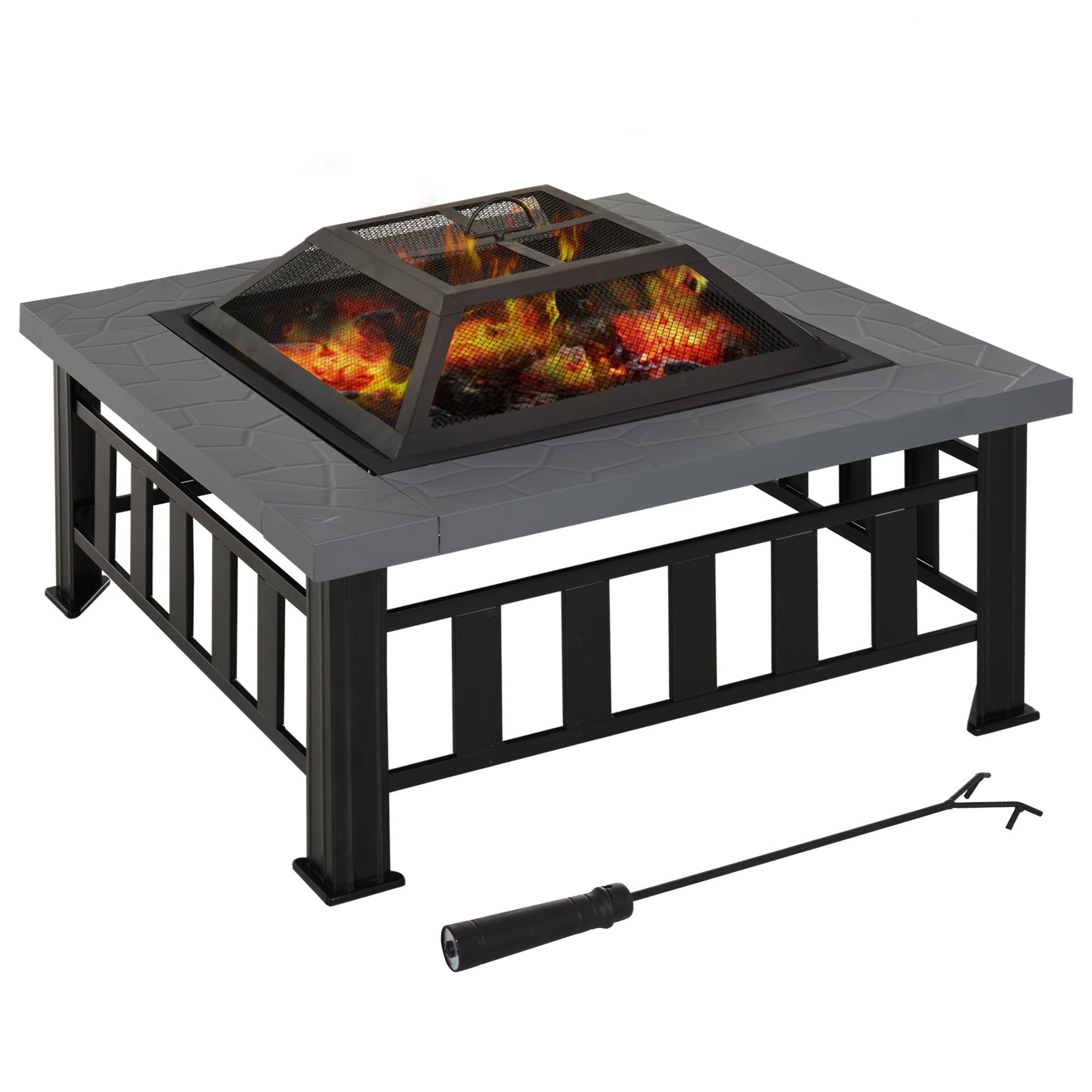 Outsunny Outdoor Square Fire Pit 33.75" Steel Stove with Spark Screen, Log Grate, Poker, Rain Cover for Wood Burning in Backyard