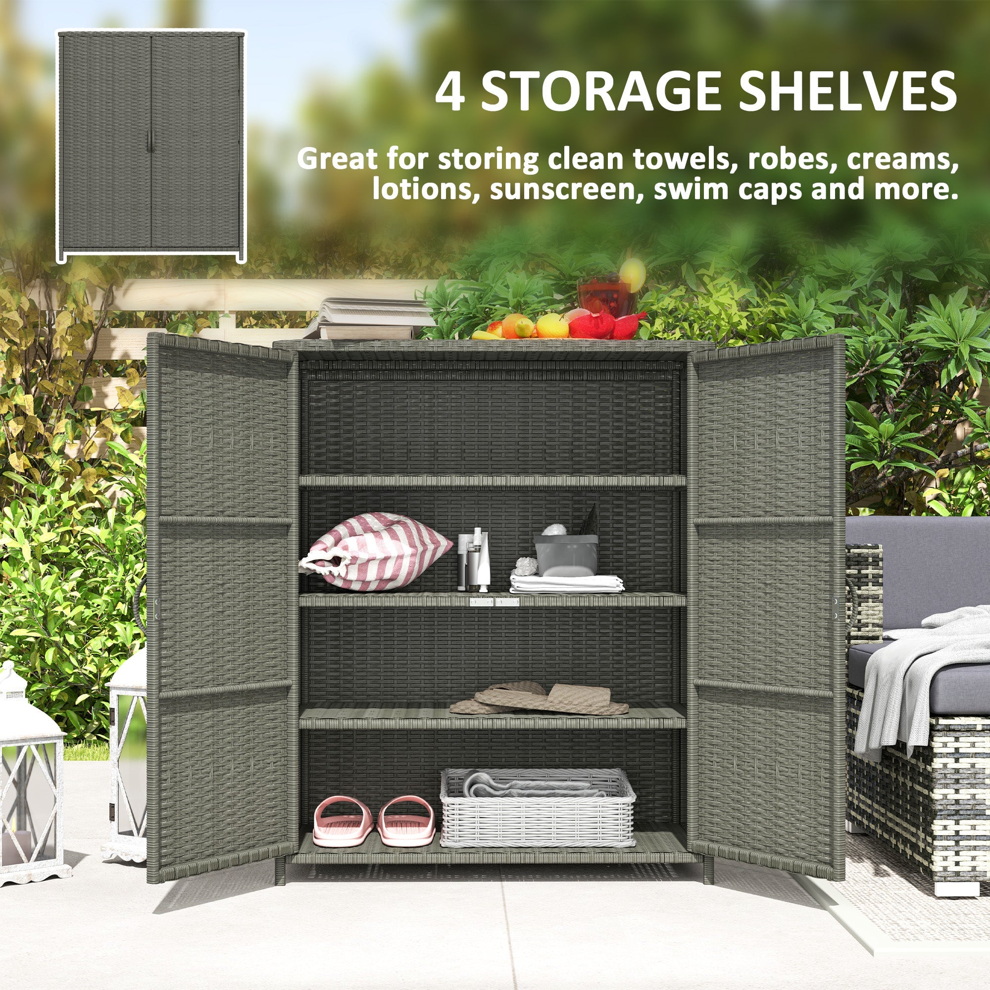 Outsunny Wicker Outdoor Storage Cabinet, Pool Storage Organizer with 4 Shelves and 2 Doors for Garden, Backyard, Dark Grey