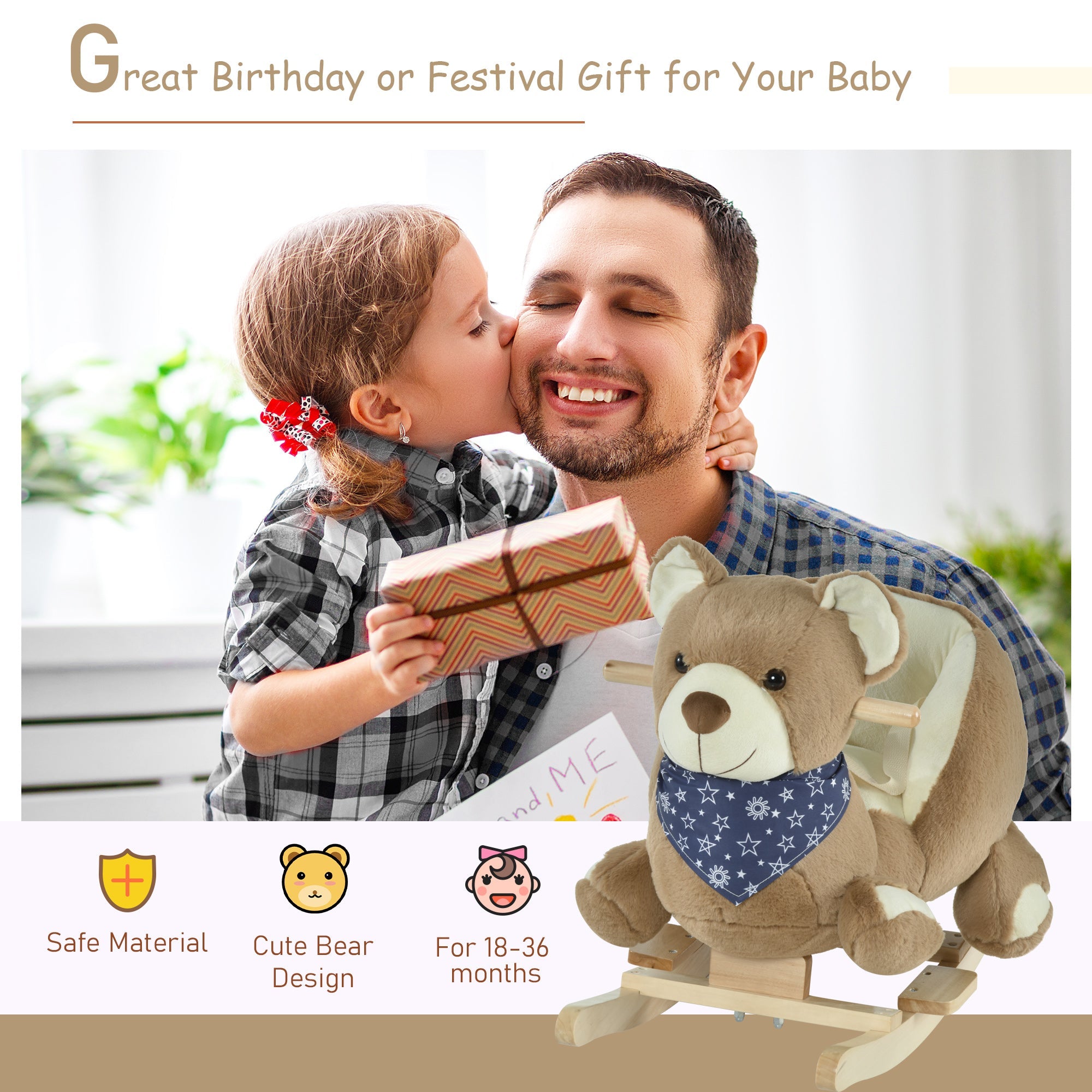 Qaba Kids Ride-On Rocking Horse Toy Bear Style Rocker with Fun Music & Soft Plush Fabric for Children 18-36 Months