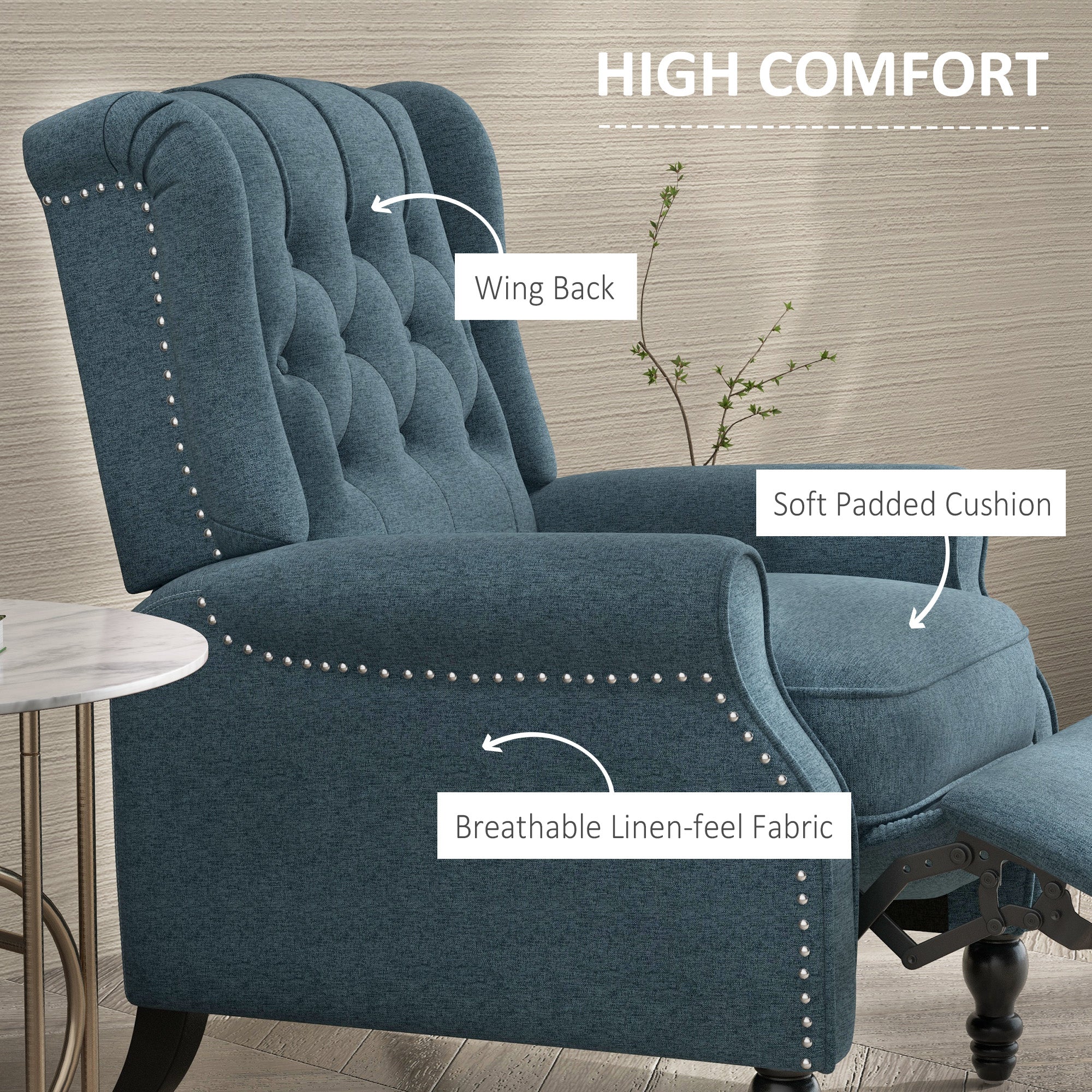 HOMCOM Wingback Reclining Chair: Button-Tufted, Footrest, Rolled Armrests, Living Room, Blue