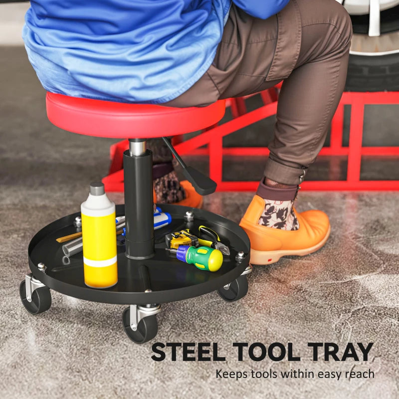Rolling Garage Stool, 300 LBS Capacity Padded Mechanic Stool with 2.5" Wheels, Adjustable Height 15" -19.7", Red
