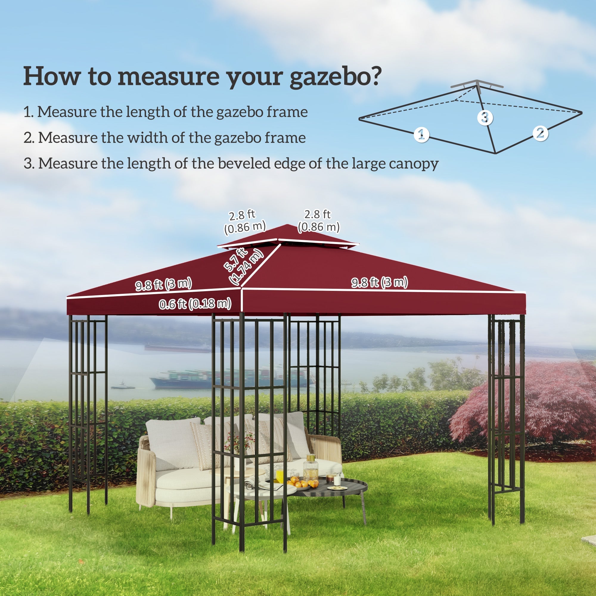 Outsunny 9.8' x 9.8' Square 2-Tier Gazebo Canopy Replacement Top Cover Outdoor Garden Sun Shade, Wine Red