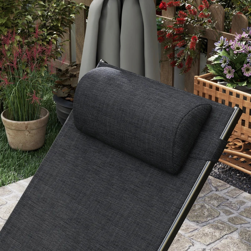 Patio Lounge Chair, Aluminum Reclining Outdoor Tanning Chair with 5-Level Adjustable Backrest, Head Pillow and Breathable Mesh Fabric, for Pool, Deck, Garden, Black