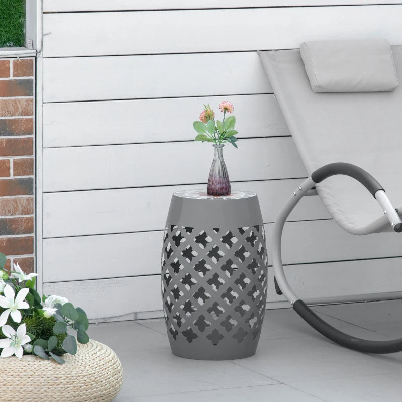 Ceramic Decorative Garden Stool, 12" Drum Outdoor Stool Side Table Plant Stand for Outdoor Indoor, Grey