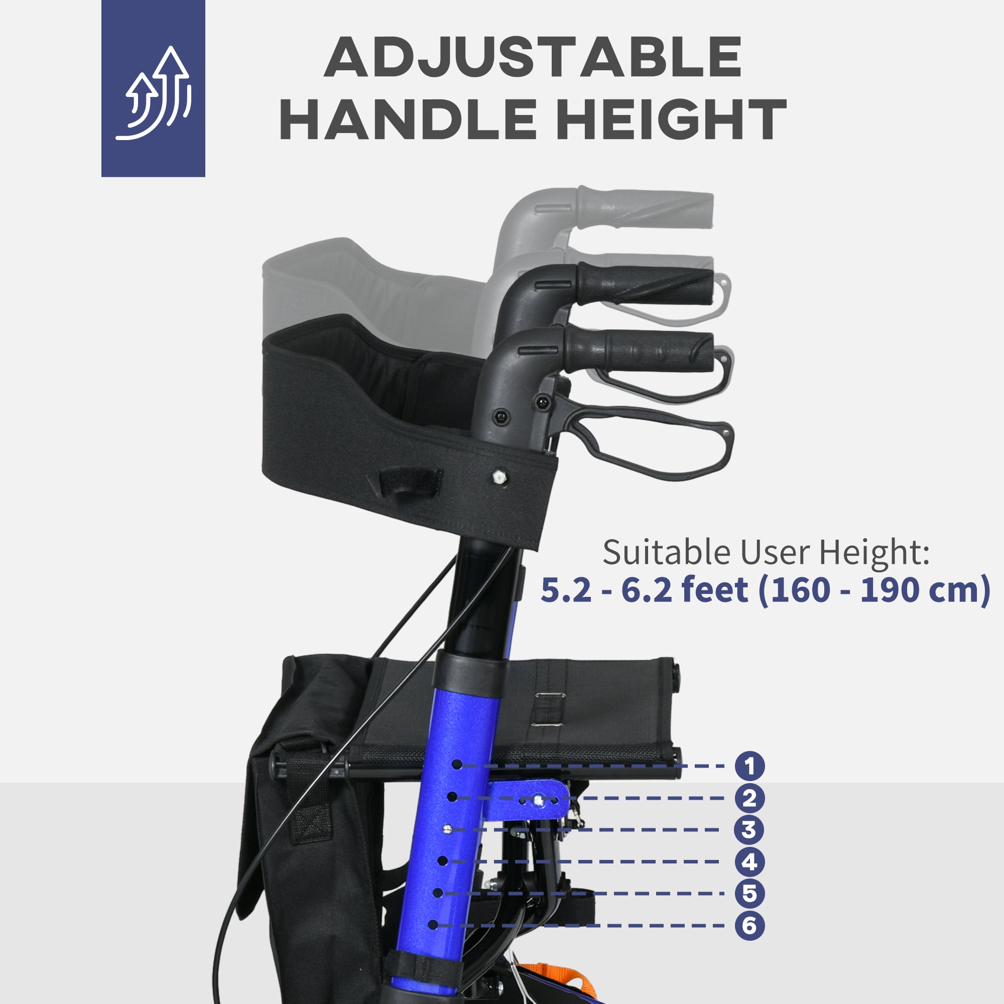 HOMCOM Advanced Rollator Walker for Seniors Seat & Rubber Wheels Lightweight Aluminum Adjustable Handle & Storage Bag Blue