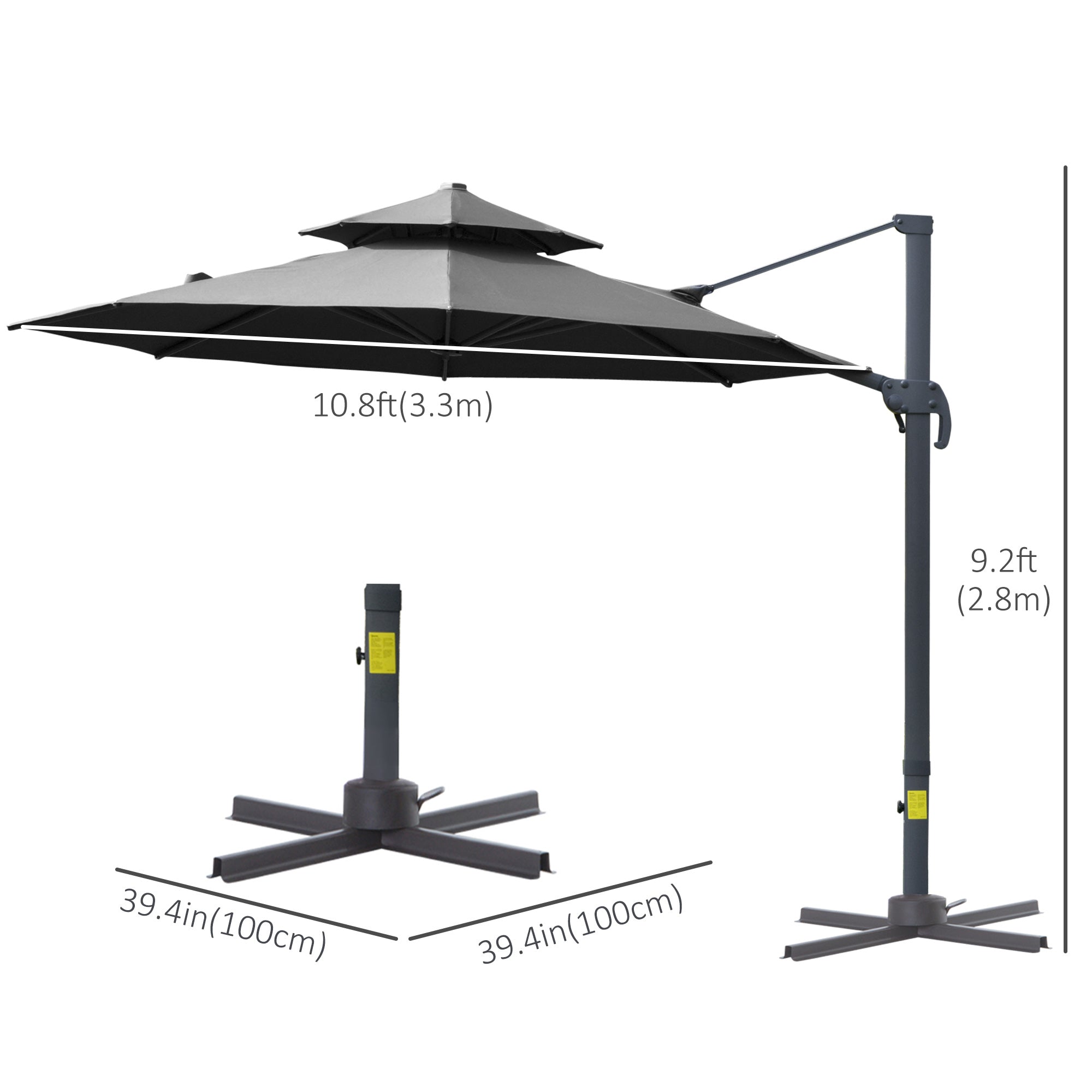 Outsunny 11ft Outdoor Cantilever Umbrella Sun Shade with Rotatable Double-top Canopy Adjustable Angle for Garden Lawn