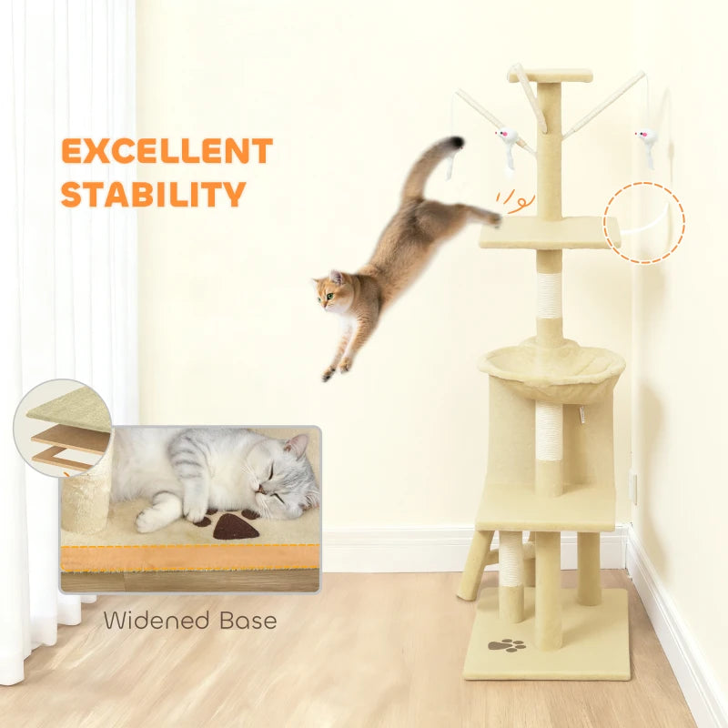 53" Cat Tree Tower, Kitten Activity Centre with Scratching Posts, Condo, Perches, Ladder, Hammock, Dangling Toys, Beige