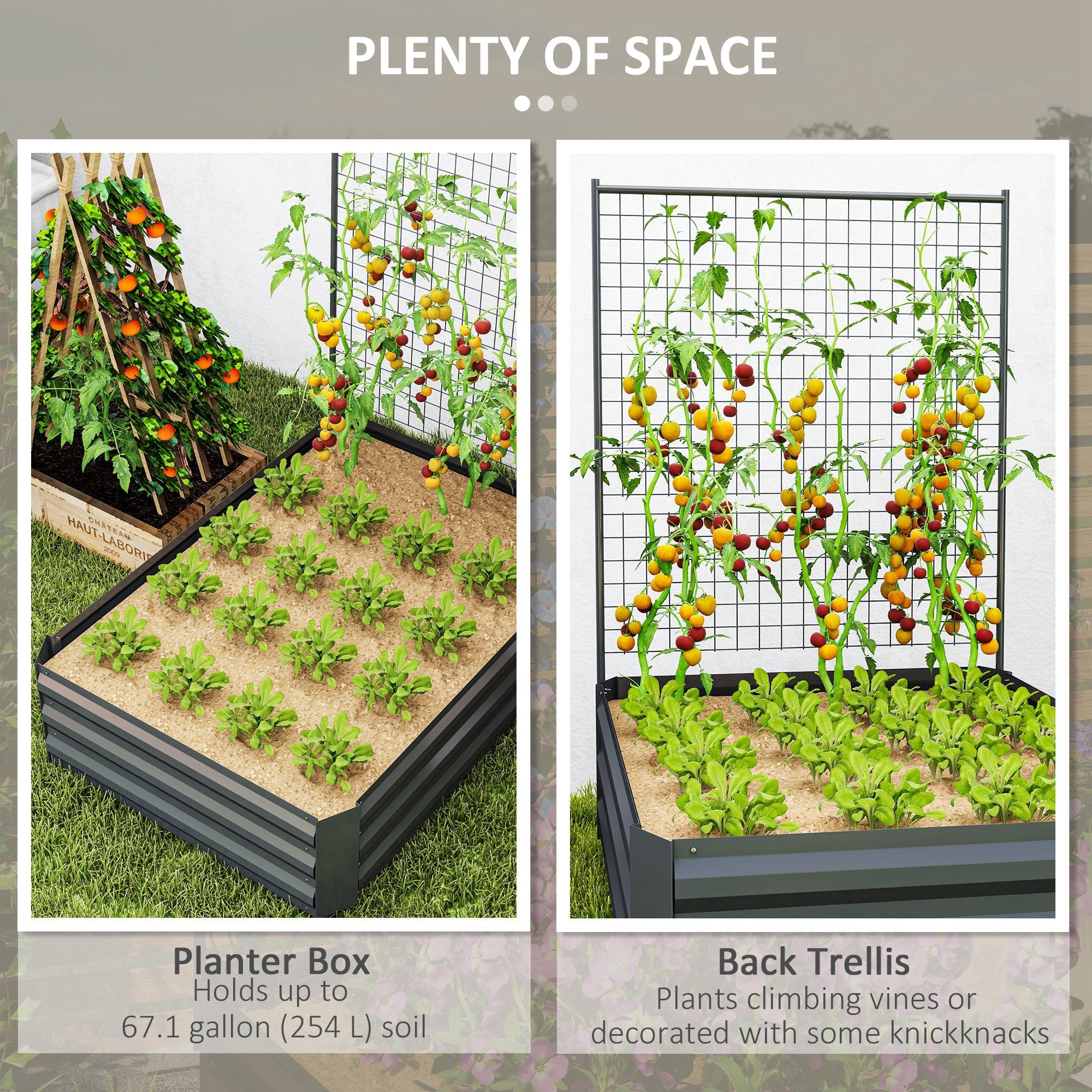 Outsunny Galvanized Raised Garden Bed with Trellis for Climbing Plants, Outdoor Planter Box with Open Bottom, Dark Grey