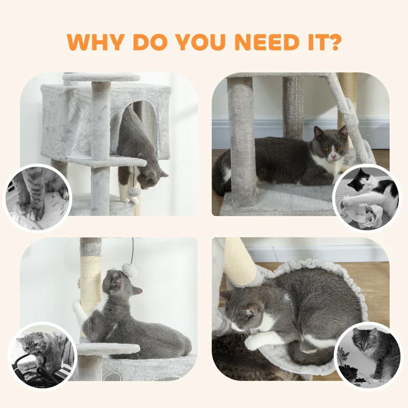 63 Inch Cat Tree with Sisal Scratching Posts, Condos, Plush Perches, Hammock, Ladder, Dangling Balls, Light Grey