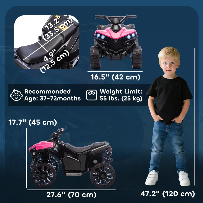 Qaba 6V Kids ATV, 4 Wheeler Electric Ride on Car with Music and LED Headlights, for Ages 37-72 Months Boys and Girls, Pink